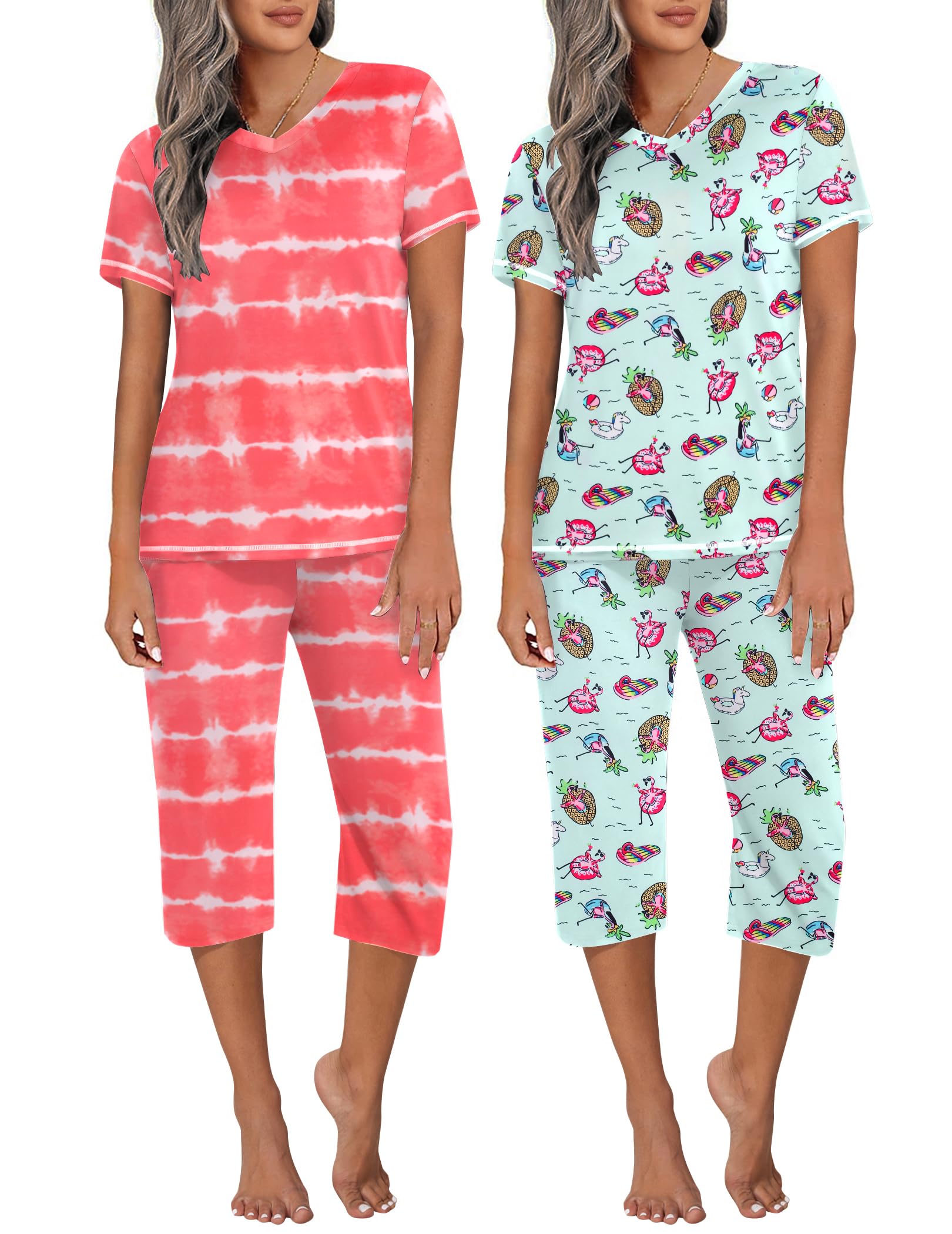Ekouaer 2 Pack Women's Capri Pajama Sets Short Sleeve Two-Piece Pjs V Neck Tops & Pants Printed Lounge Sets S-3XL