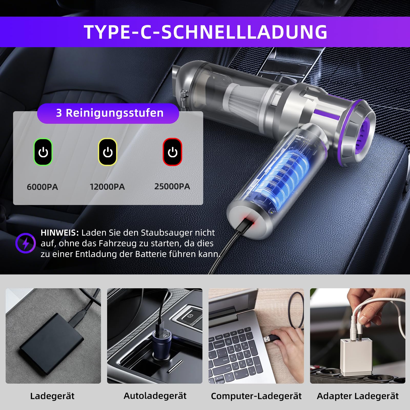 Handstaubsauger, 25000Pa Handstaubsauger Akku Kabellos mit 1-Knopf-Selbstentleerung, 4-in-1 Autostaubsauger Stark mit Bürstenlosem Motor, 3 Stufen Mini Staubsauger, Ideal für Tierhaare, Auto, Haushalt