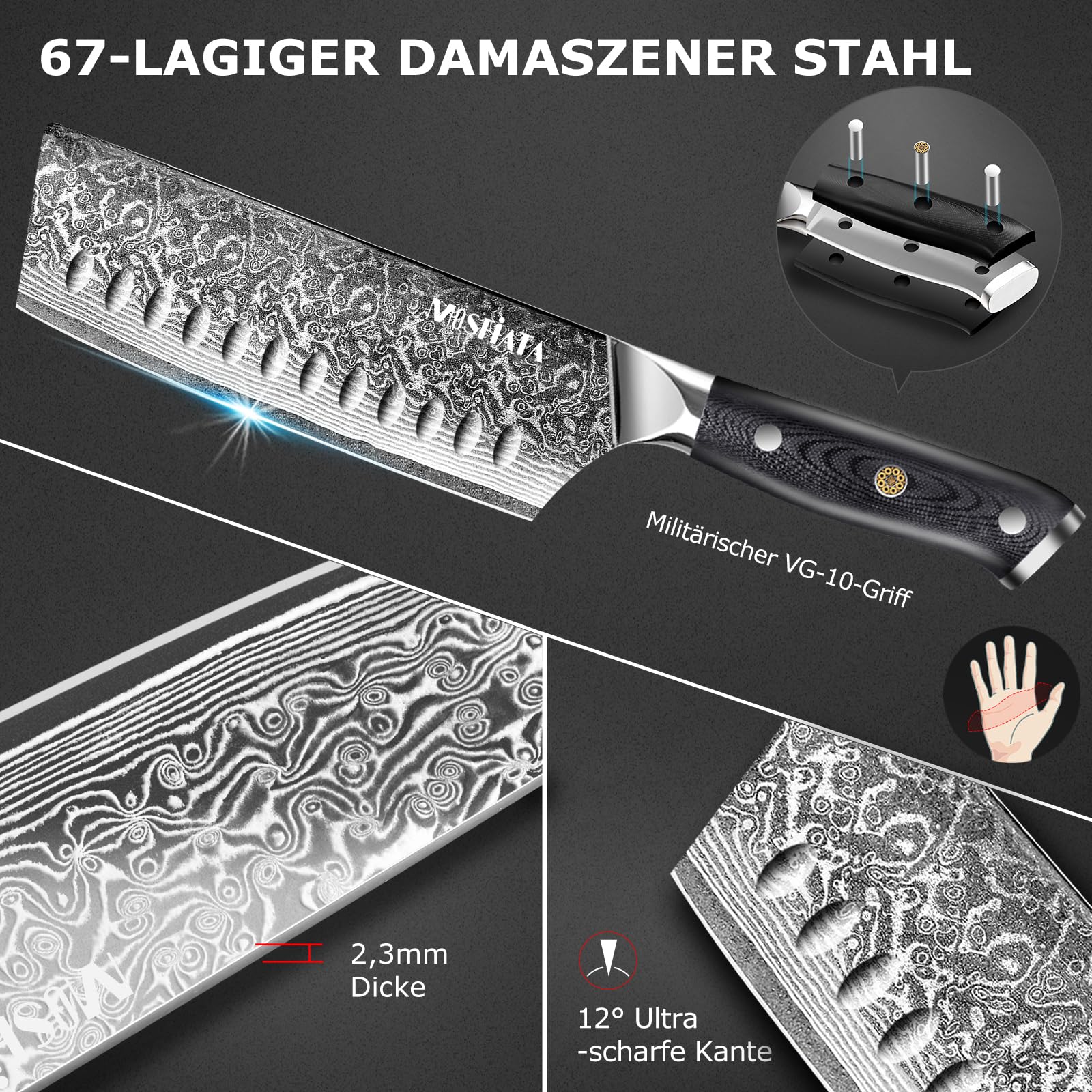 MOSFiATA Damastmesser Nakiri Messer 18 cm, Vatertagsgeschenk für Papa, Kochmesser Damast Küchenmesser Damaststahl Japanisches Messer Scharf Profi Fleischmesser mit Wetzstahl