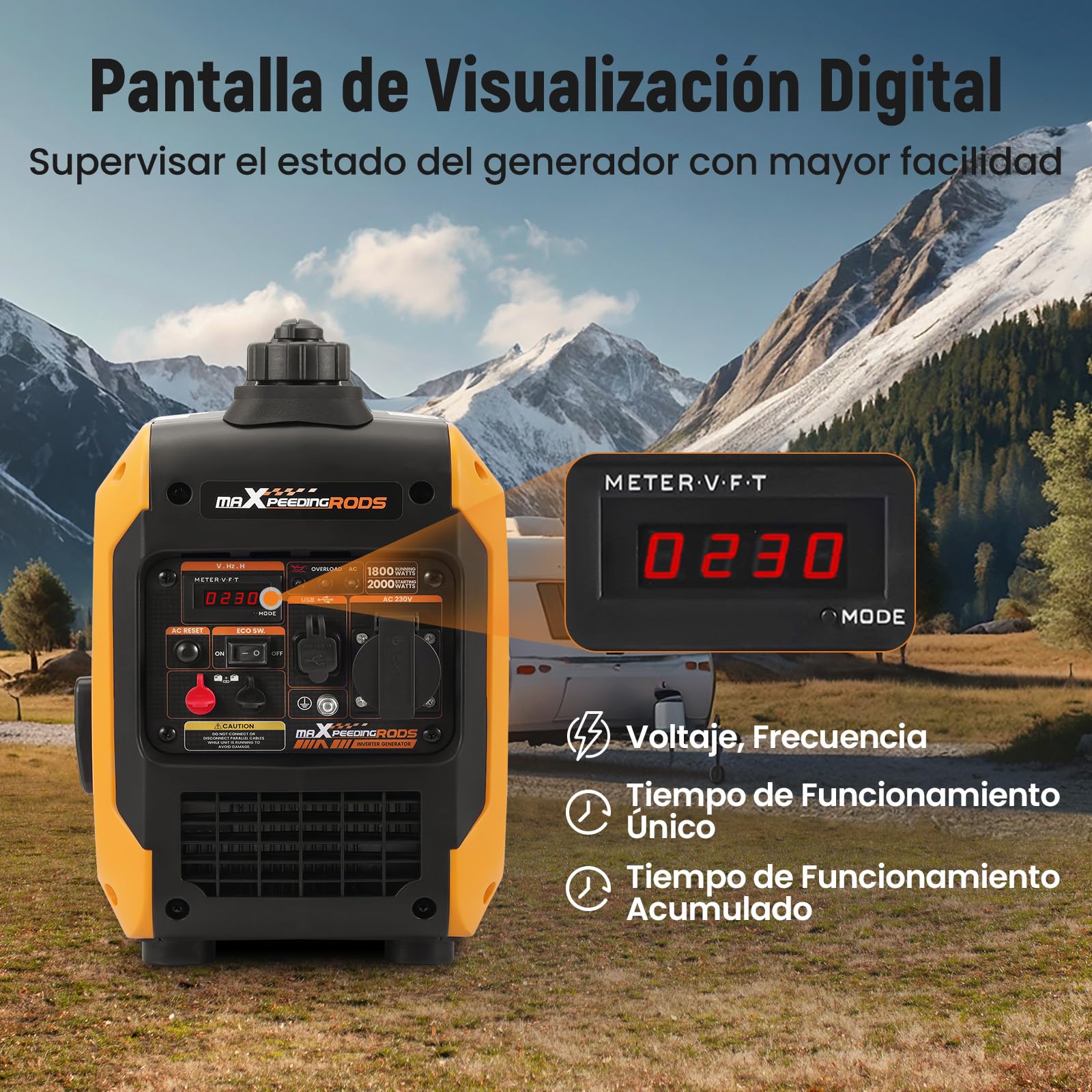 maXpeedingrods Generador Electrico Gasolina 2000W Generador Inverter Portátil con USB y Tomas de 230V, Pantalla Digital, Compacta y Ligera, para Camping Autocaravan