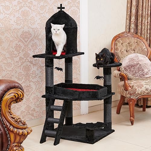 Miniatura 2 de Árbol gótico para gatos con cama de ataúd, torre para gatos de 55 pulgadas con espacioso condominio para gatos, postes rascadores, bola colgante de
