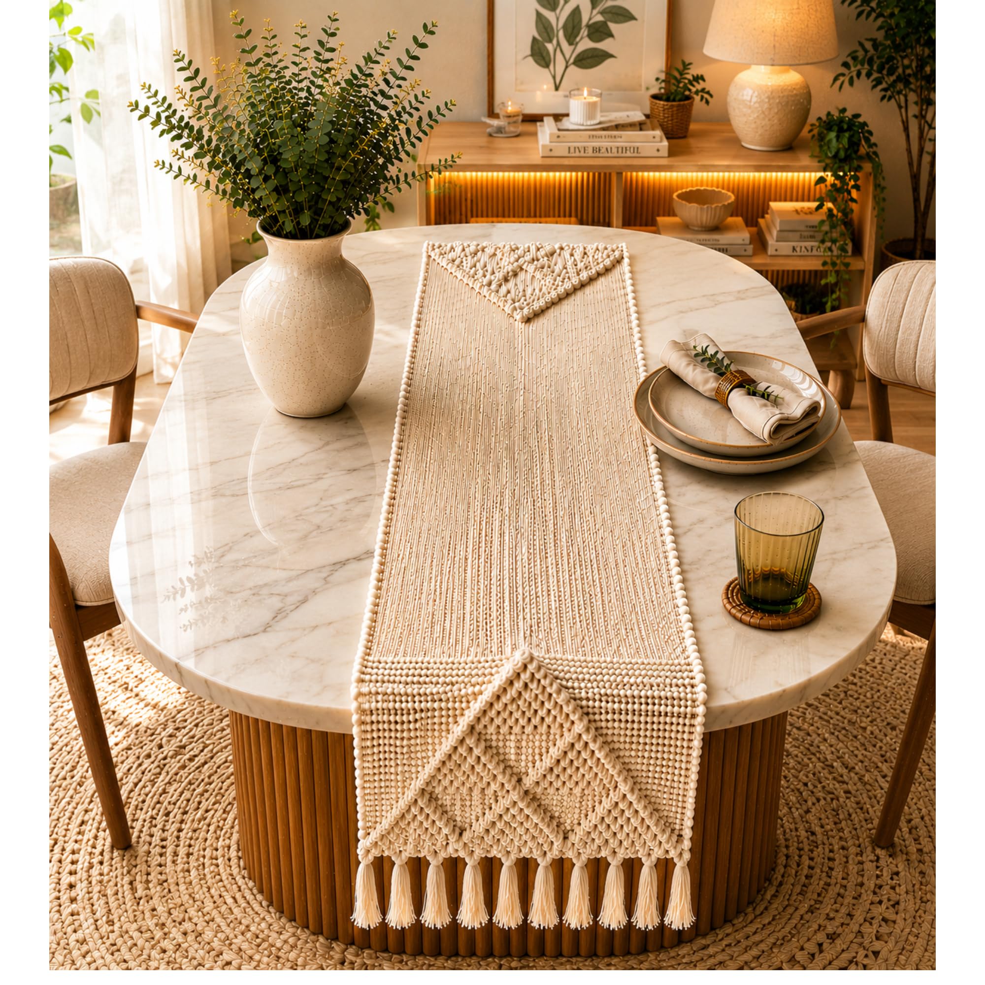 Elegant Cotton Table Runner - Beige Striped -7