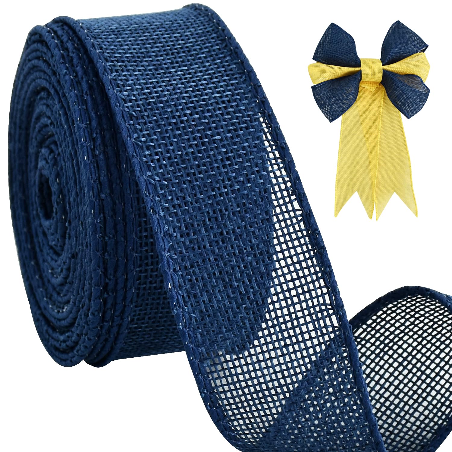 TONIFUL Burlap Navy Blue Wired Ribbon, 1 1/2 inch 10 Yard Jute Ribbon for Decoration Bows Tree Toppers Ribbons Craft Gift Wrapping Wreath Sewing, for