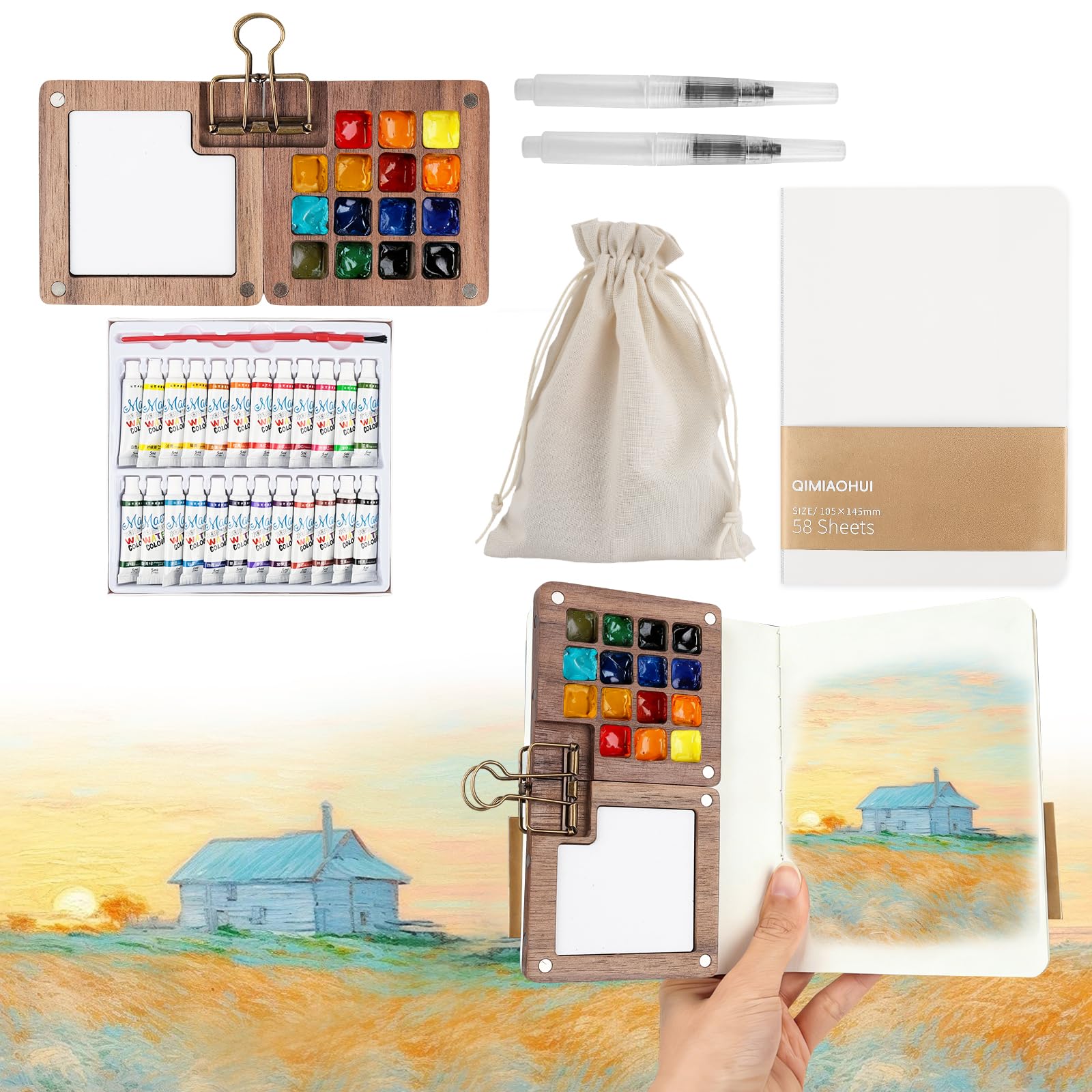 7 PCS Pocket Artist Watercolour Travel Set - 15 Grids Travel Watercolour Paint Set Portable, Mini Watercolour Paint Set Travel, Painting Set with Foldable Wooden Palette, Sketchbook, Brush (White)