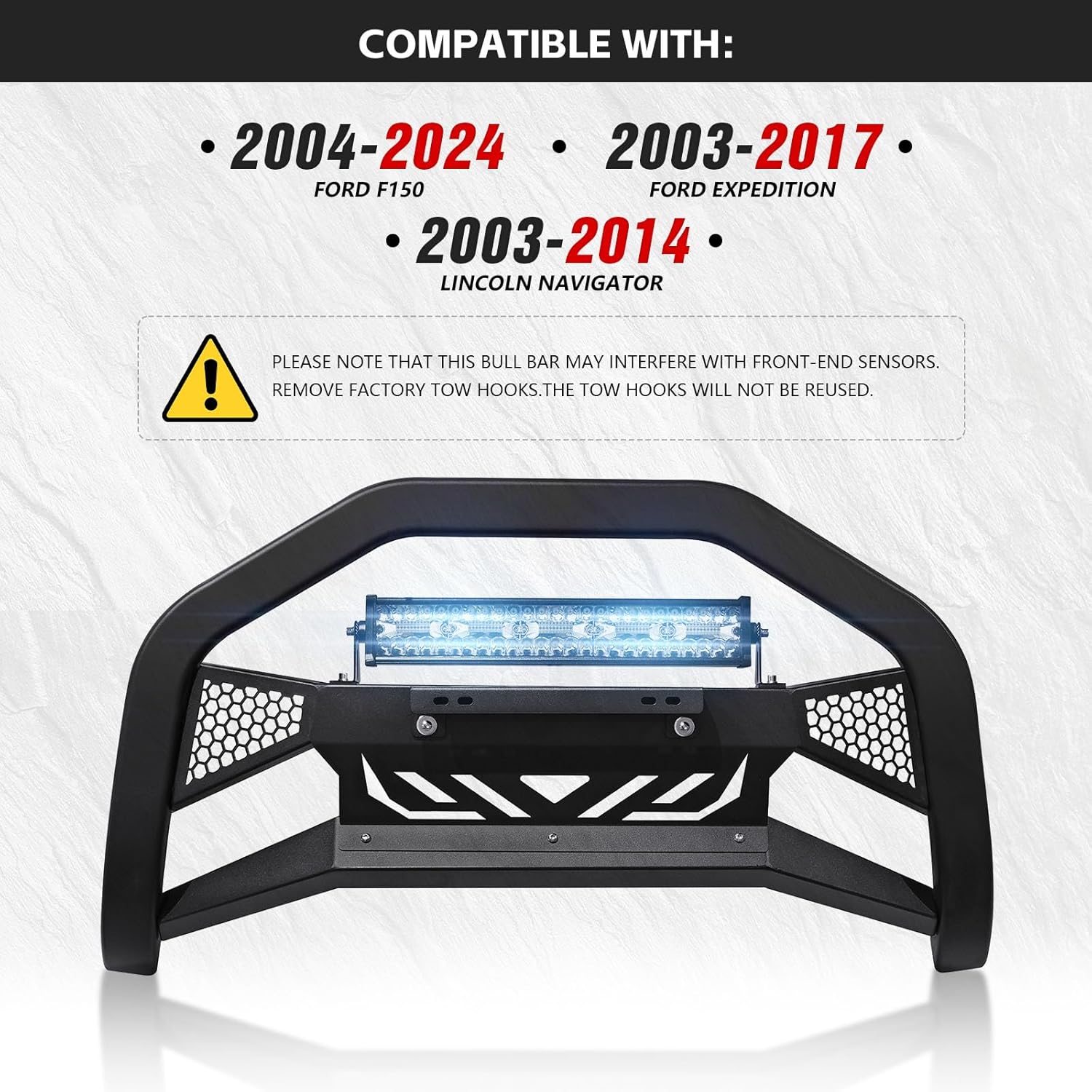 Bull Bar with LED Light Bar & License Plate Frame Compatible with 2004-2024 Ford F150 F-150 & 2003-2017 Ford Expedition & 2003-2014 Lincoln Navigator, Front Brush Guard, Grill Guard, Bumper Push