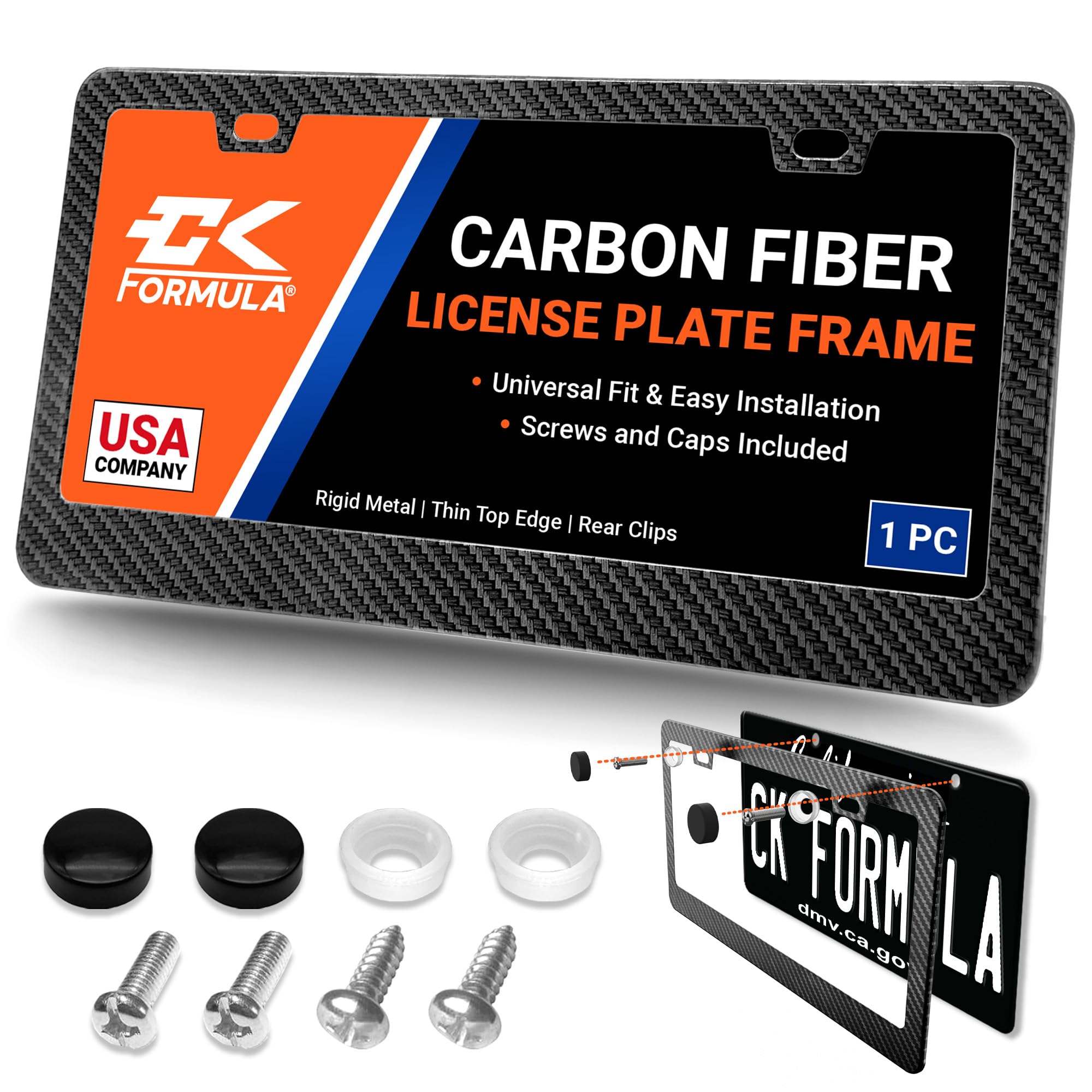 Carbon Fiber Style License Plate Frame – 1 Piece, Stainless Steel Metal, Rust-Proof, Rattle-Free, Slim 2 Hole Design Universal Fit with Screw Caps, Front or Rear Thin Car Tag Holder for Men & Women