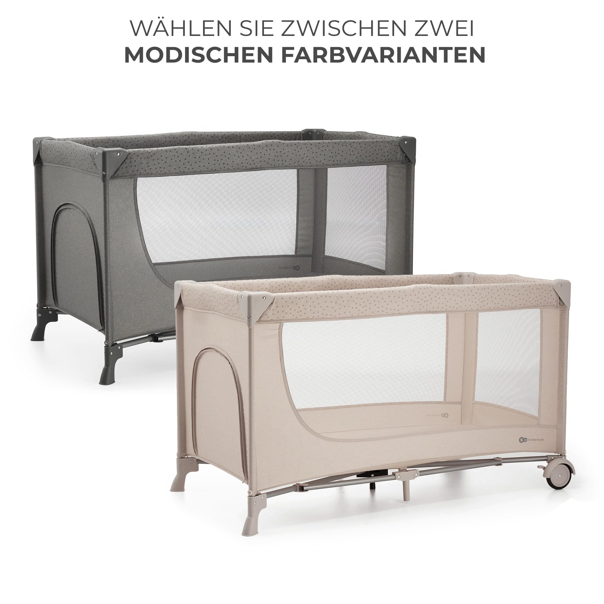 Kinderkraft Joy 2 Kinderbett, 2 in 1 Kinderreisebett, Babybetten, Kinderbett, Reisebett, Modernes Design, Kleine Abmessungen nach Zusammenklappe, Räder, Dunkelgrau