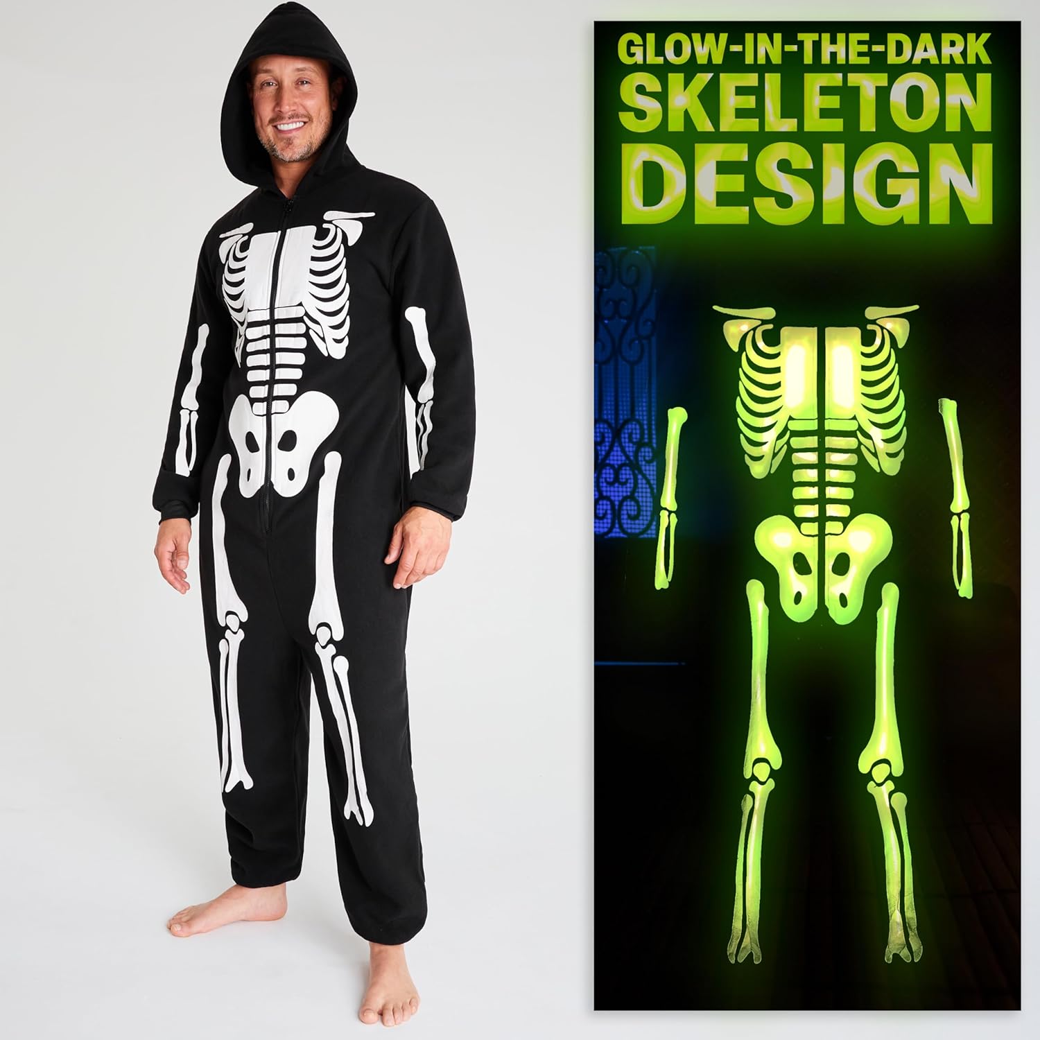 Get Trend Glow in the Dark One Piece Pajamas for Adults Teens, S–3XL, Fleece Jumpsuit Halloween Costume PJs, Gifts for Men