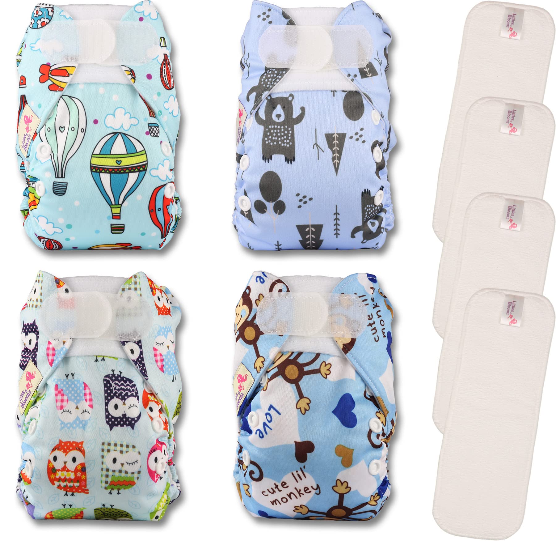 Littles & Bloomz Pocket Wiederverwendbare Windeln, Babywindel für Neugeborene & Frühchen, 4 Windeln, 4 Mikrofaser-Einsätze, NB-401MF4
