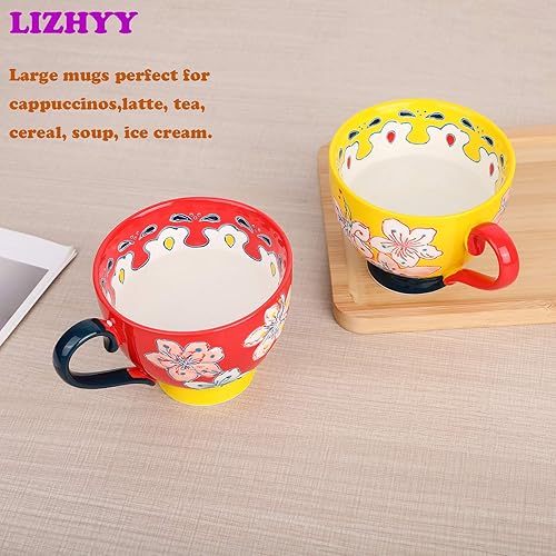 Miniatura 6 de LIZHYA - Juego de 4 tazas de cerámica grandes de 15 onzas perfectas para café, café con leche, capuchino, té, cacao, cereales, chocolate caliente,