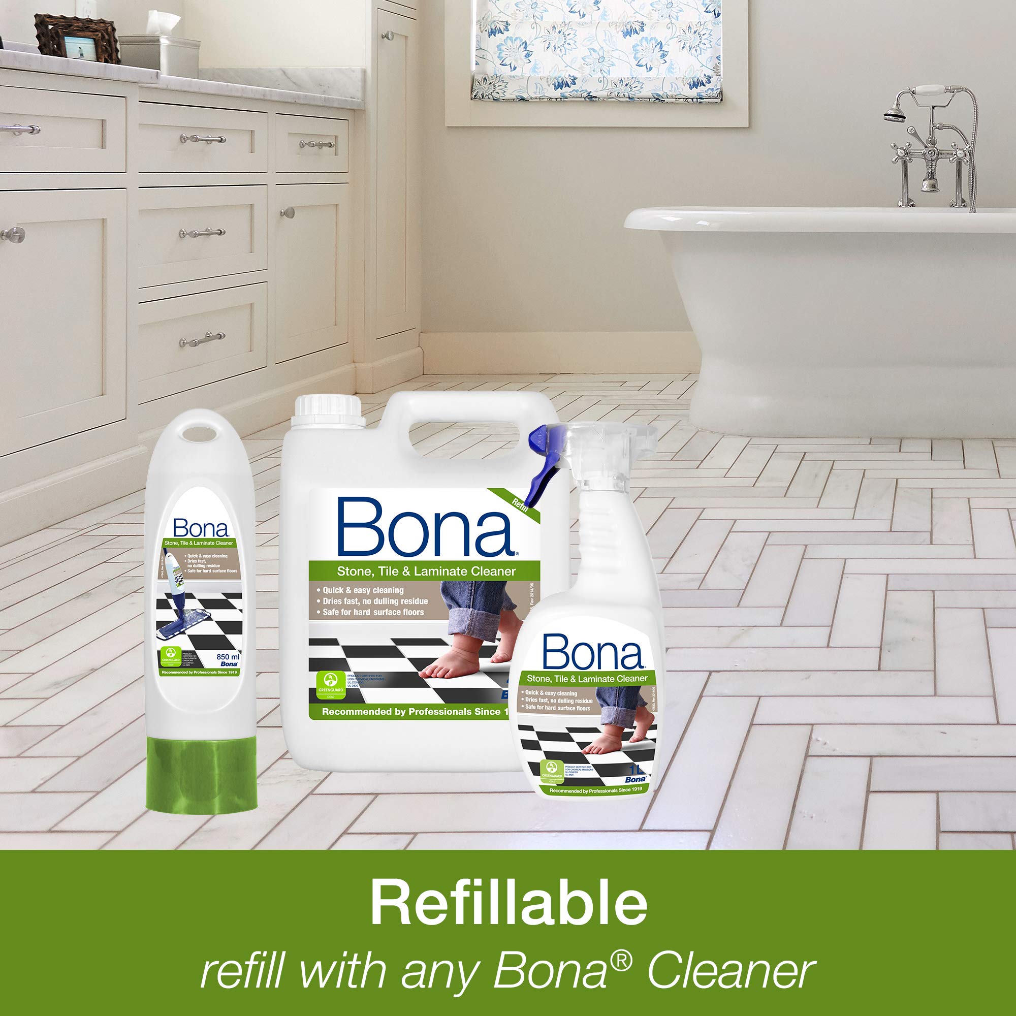 Bona Premium Spray Mop Set mit 850 ml Kartusche für Hartböden und extra Bona Mikrofaser-Pad & Stein-, Fliesen- und Laminatreiniger Nachfüllkanister 4 L, Bodenpflege für Hartböden