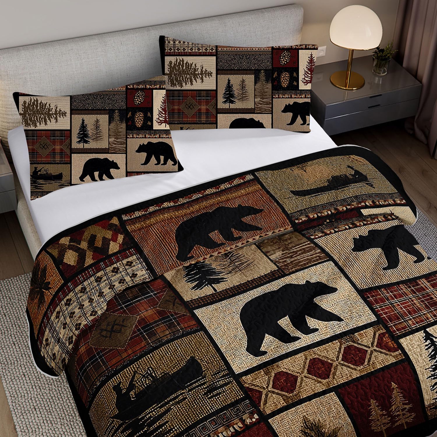 Rustic Black Bear Quilt Bedding King 3Pcs Natural Forest Wild Hunt Animal Bear Canoe Bed Set Retro Tree Grid Pattern Bedspread Coverlet with 2 Pillowcases for Kid Boy Girl Teen Adult Bed Decor
