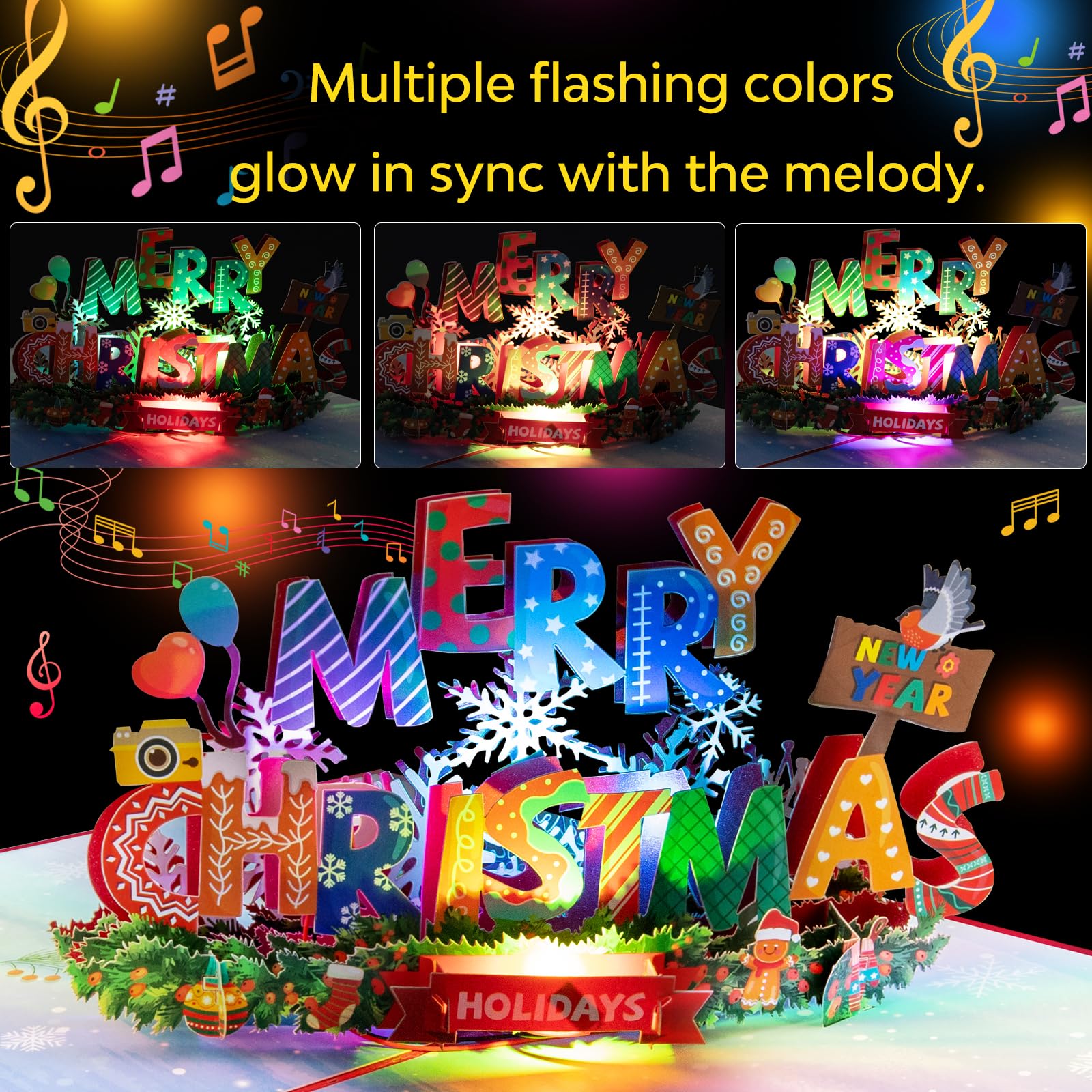 Magic Ants 3D Pop Up Christmas Card with Lights and Music, Festive Merry Christmas & Happy New Year Greeting Card - Image 2