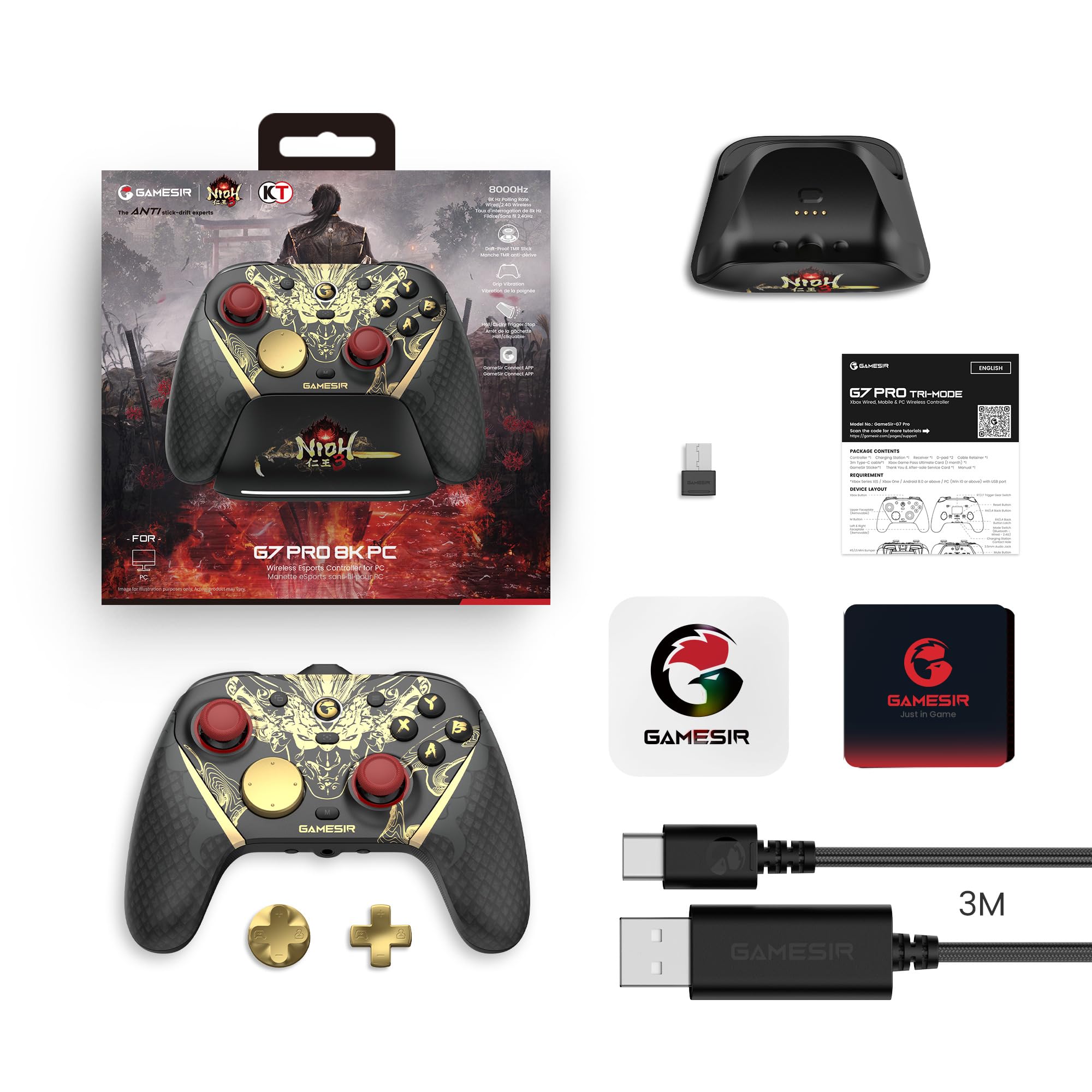 GameSir G7 Pro 8K PC Manette Sans Fil Esports - 8000Hz Polling, Sticks Mag-Res TMR Gen-2, Touches Macro, Contrôle de Mouvement - Édition Nioh 3