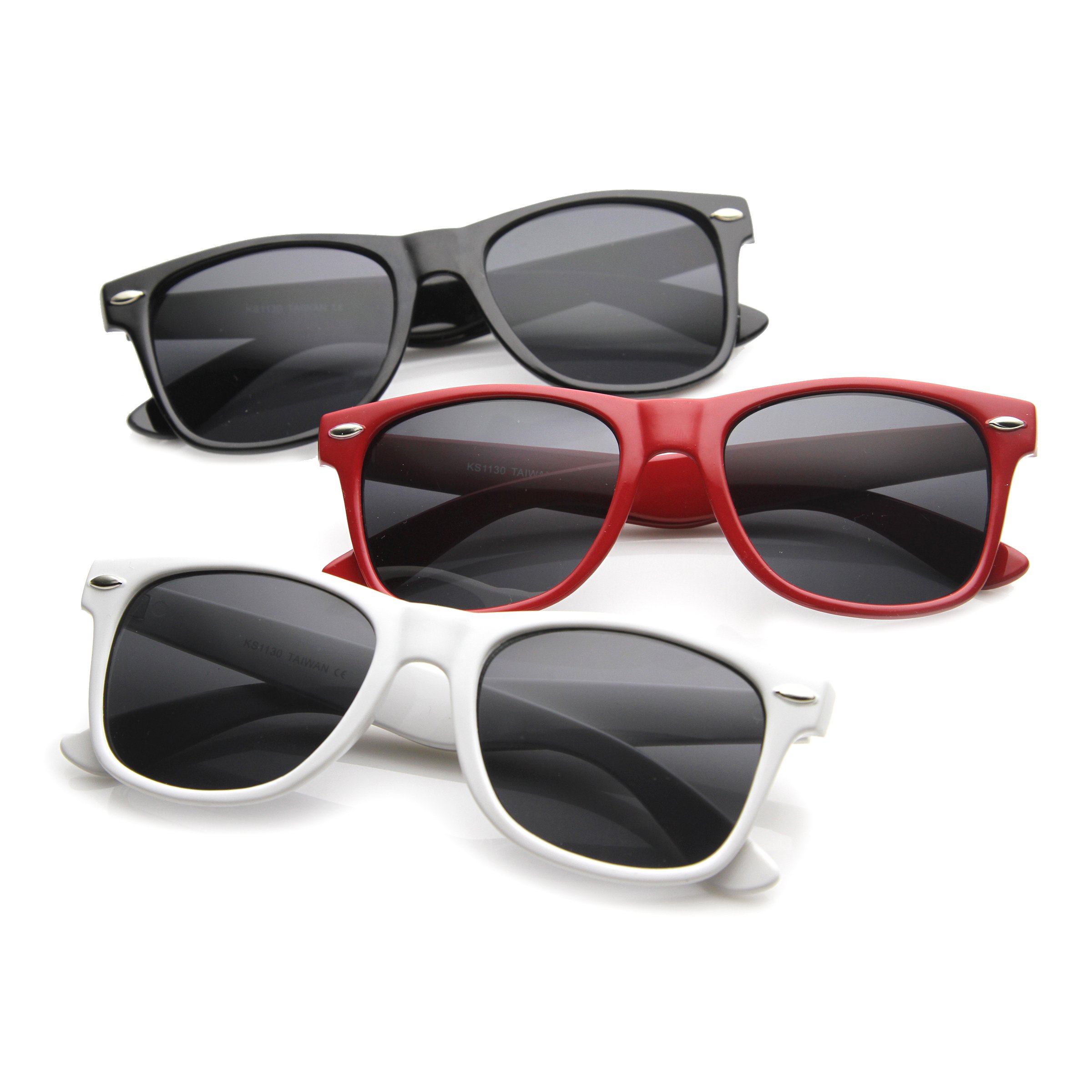 zeroUV Classic Eyewear 80's Retro Large Horn Rimmed Style Sunglasses (3-Pack Smoke Lens (Black + Red + White))