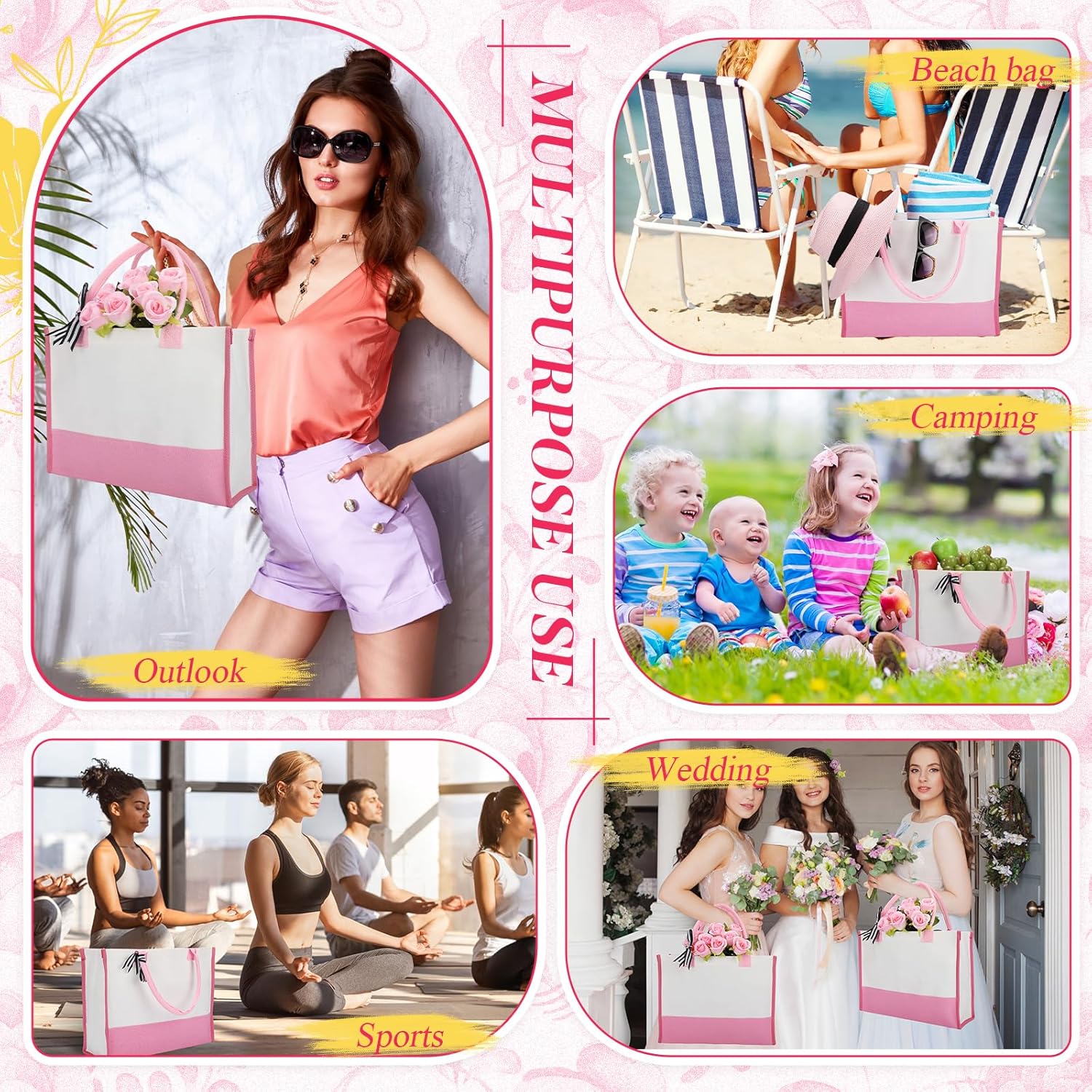 3 Pcs Initial Canvas Tote Bag Reusable Blank Personalized Present Bag for Valentine Bridesmaid Wedding Gift(Pink) - Image 5