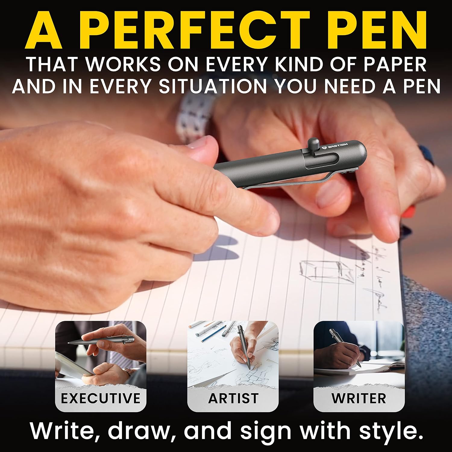 BASTION Grey Titanium Bolt Action Pen with Gift Case - Luxury Executive Lightweight Retractable Writing Ballpoint - Ink Refillable Office Pocket EDC Rust Resistant Metal Pens for Men & Women