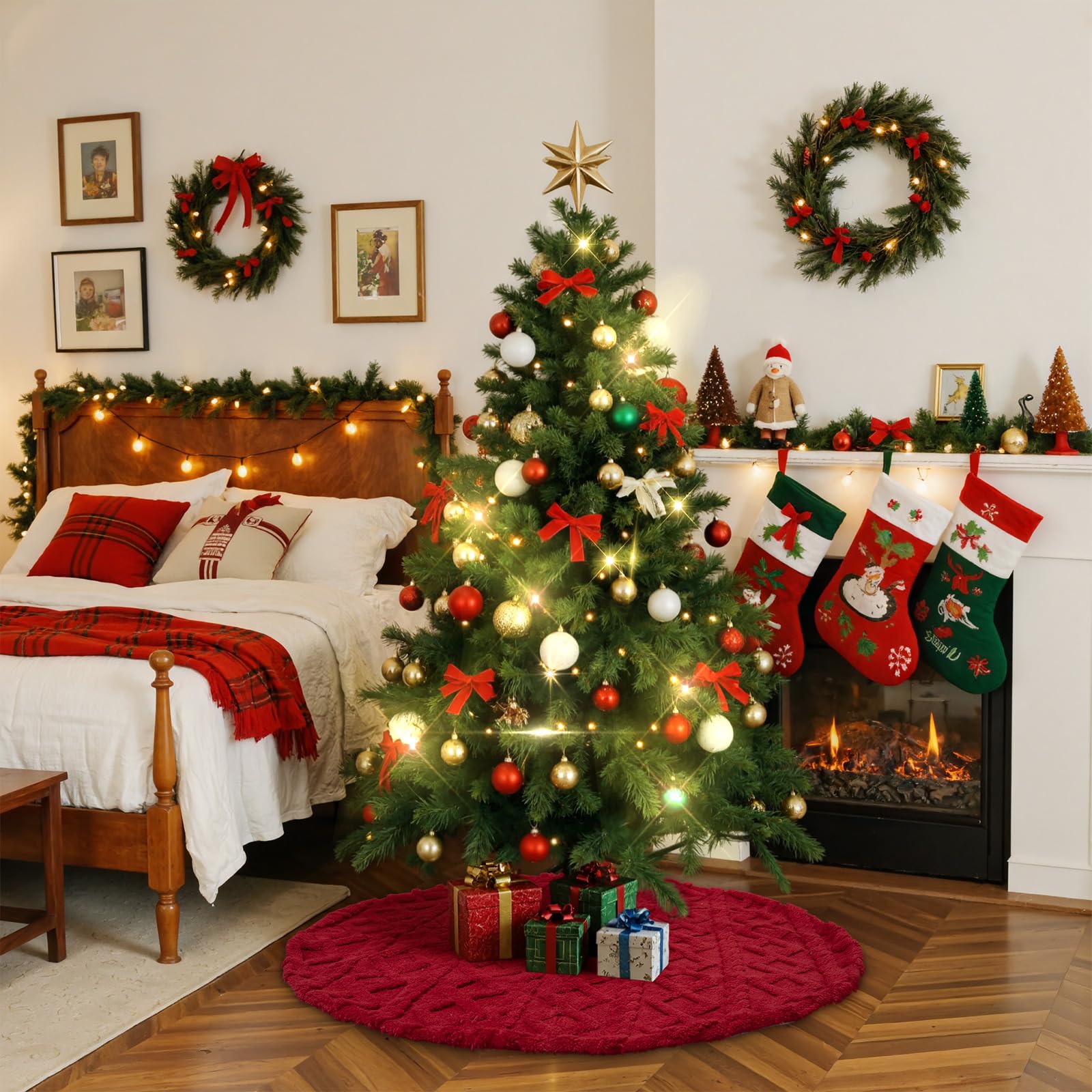 Lanpn Falda Cubre Pie para Arbol de Navidad de 40cm, Pequeño Lujo Piel Sintética Alfombra de árbol de Navidad Redondas, Cubiertas para Base Alfombra para Decoración Navideña de Interiores (Rojo)