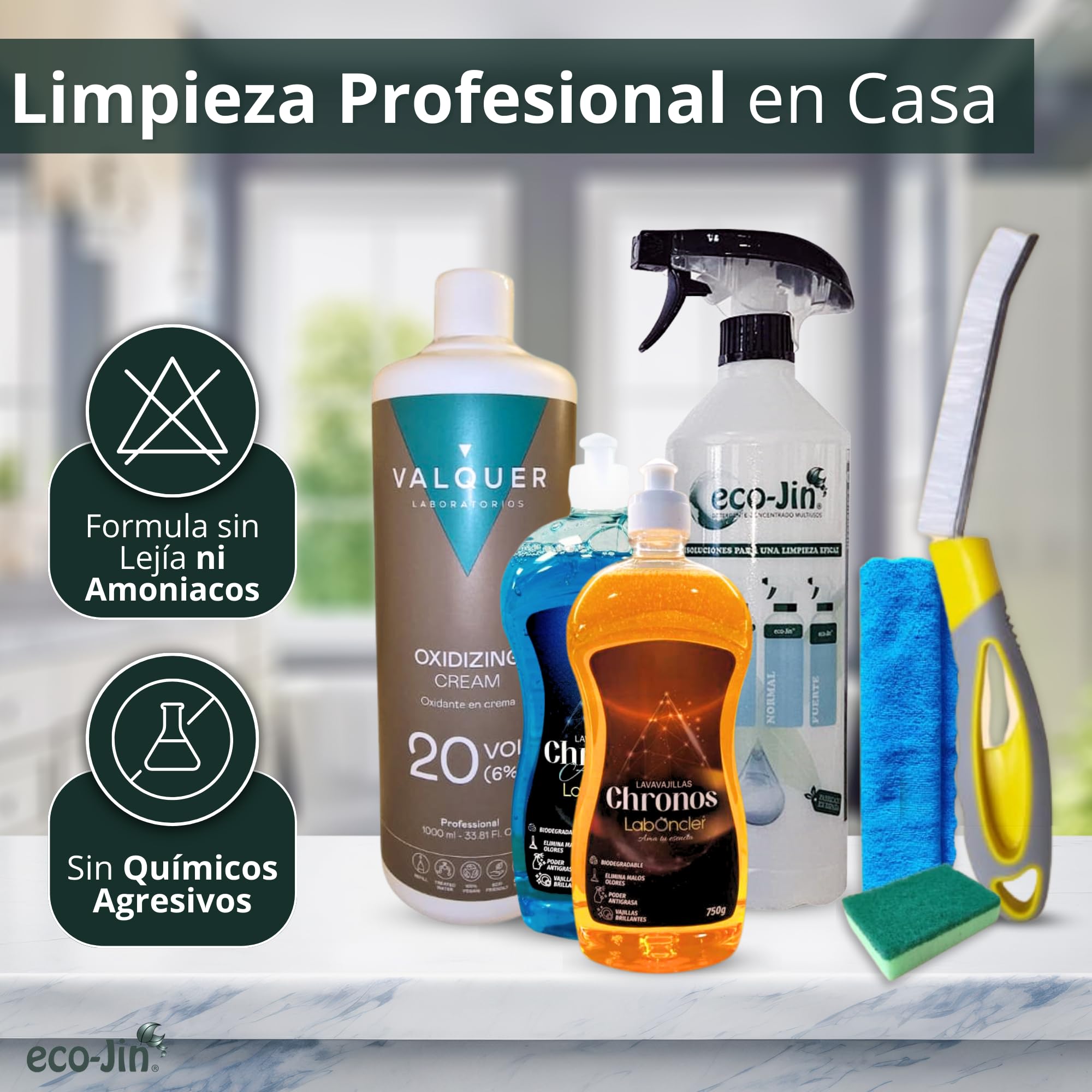 Eco-Jin Pack Chronos Canela Naranja | Crema Oxidante Valquer | Difusor | Bayeta Microfibra | Estropajo Con Esponja | Cepillo para Juntas | Limpiador Multiusos
