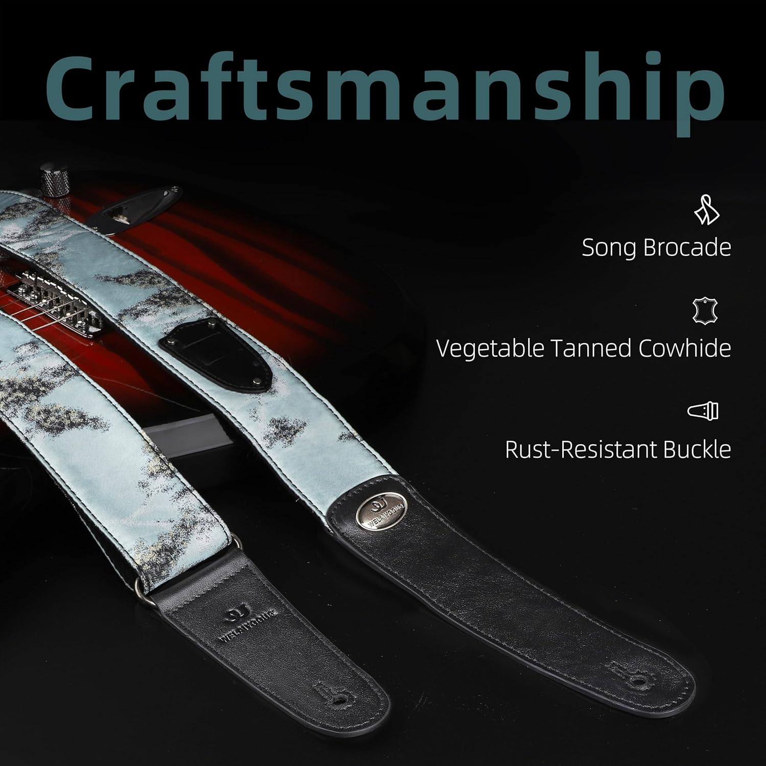 Guitar Strap, Stylish Adjustable Guitar Straps for Acoustic/Bass/Electric Guitar, Double Vegetable Tanned Cowhide on End, with Free Strap Button, 1 Pair Strap Locks and 4 Guitar Picks