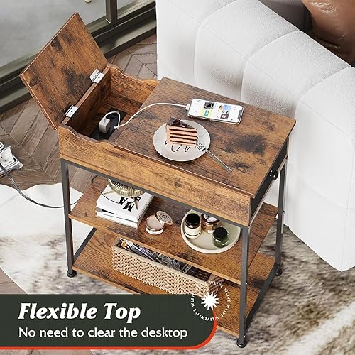 Miniatura 12 de WLIVE Mesa auxiliar estrecha con 2 puertos USB y 2 tomacorrientes, mesa auxiliar abatible con cajón y estantes de almacenamiento, soporte auxiliar
