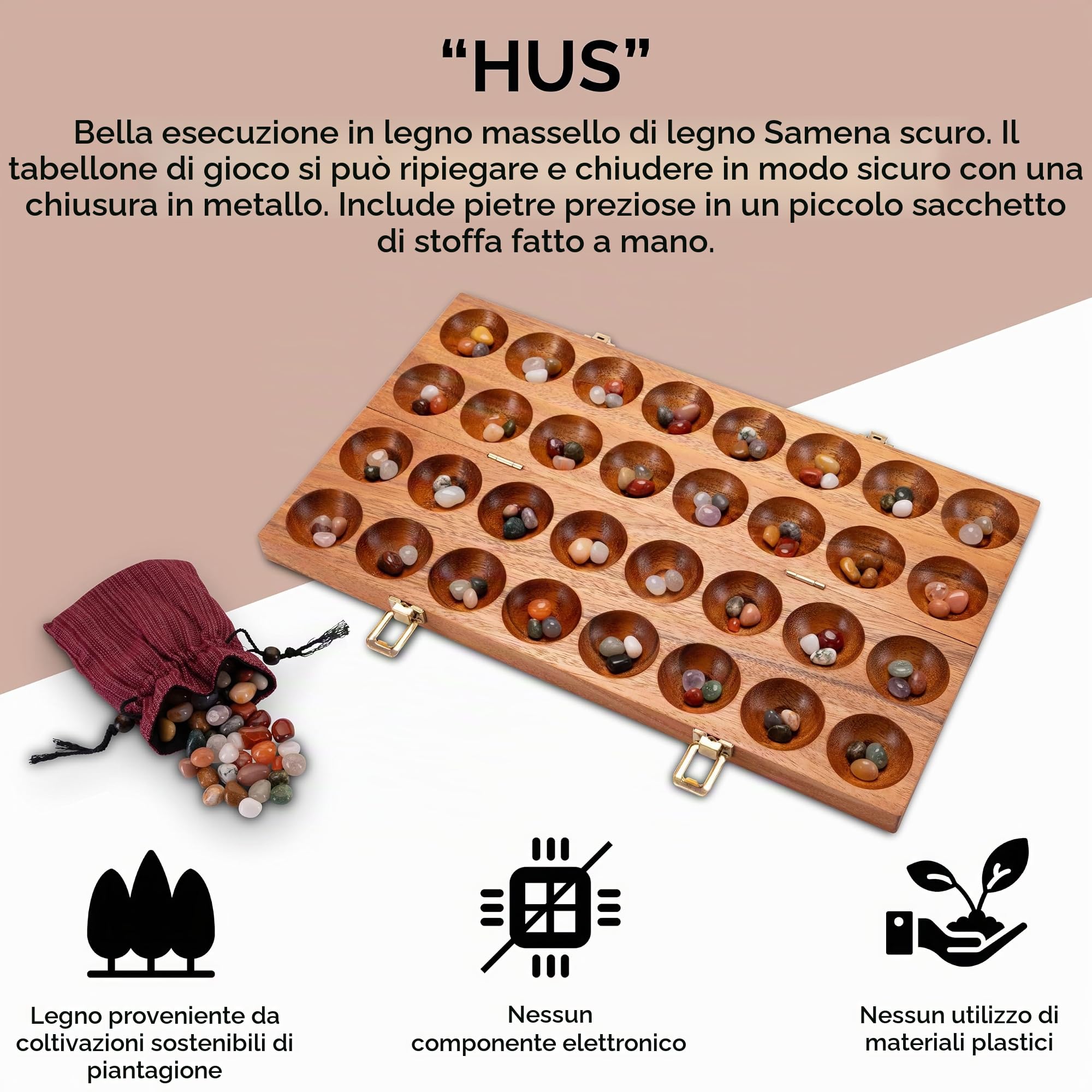 LOGOPLAY Hus - Gioco con chiusure in metallo, per 2 giocatori, Bao, Kalaha, Mancala, con pietre preziose incluse