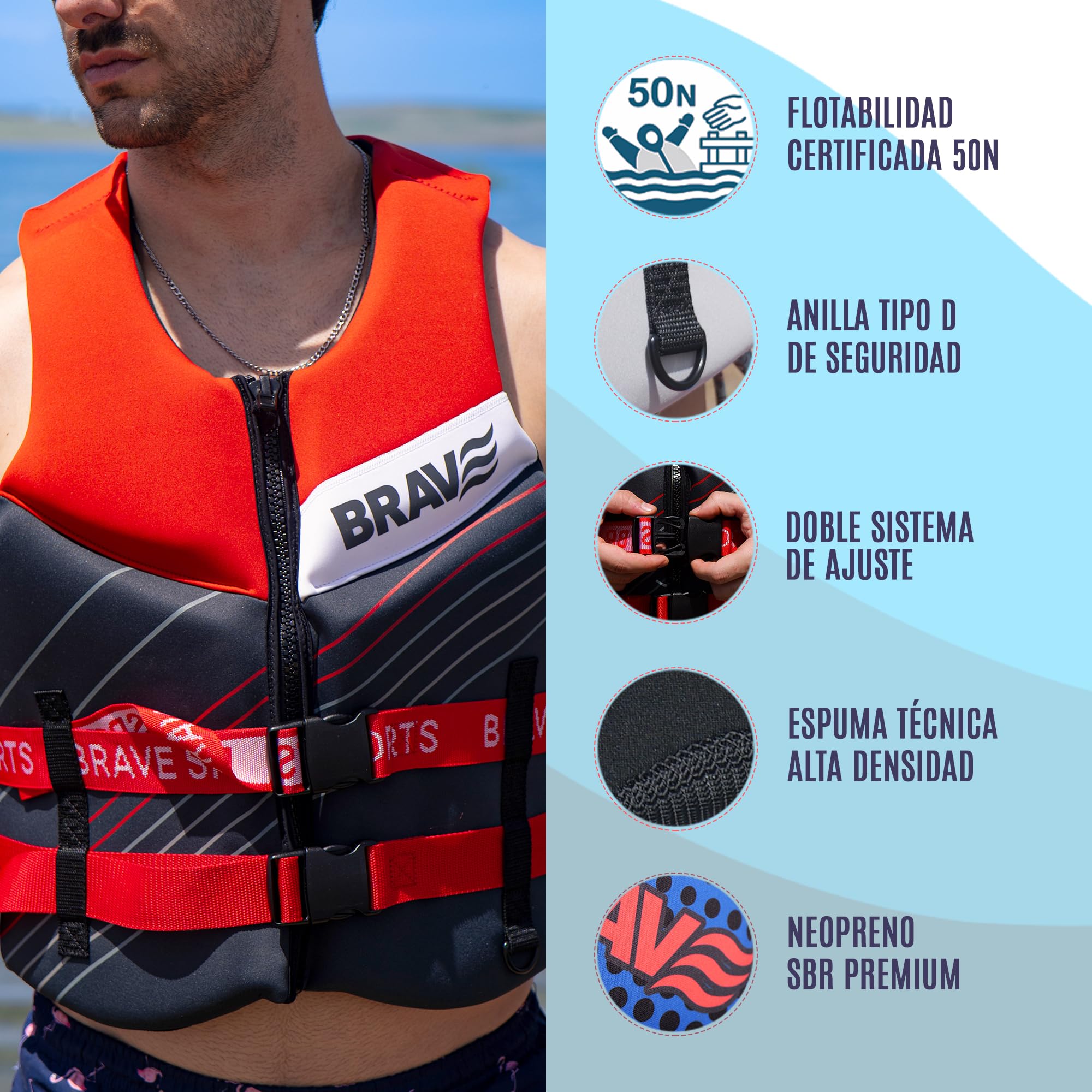 Chaleco Ayuda a la Flotabilidad 50N Certificado Adultos – Moto de Agua, Kayak y Paddle Surf – Neopreno SBR + EPE – Cremallera, Cintas y Anilla D