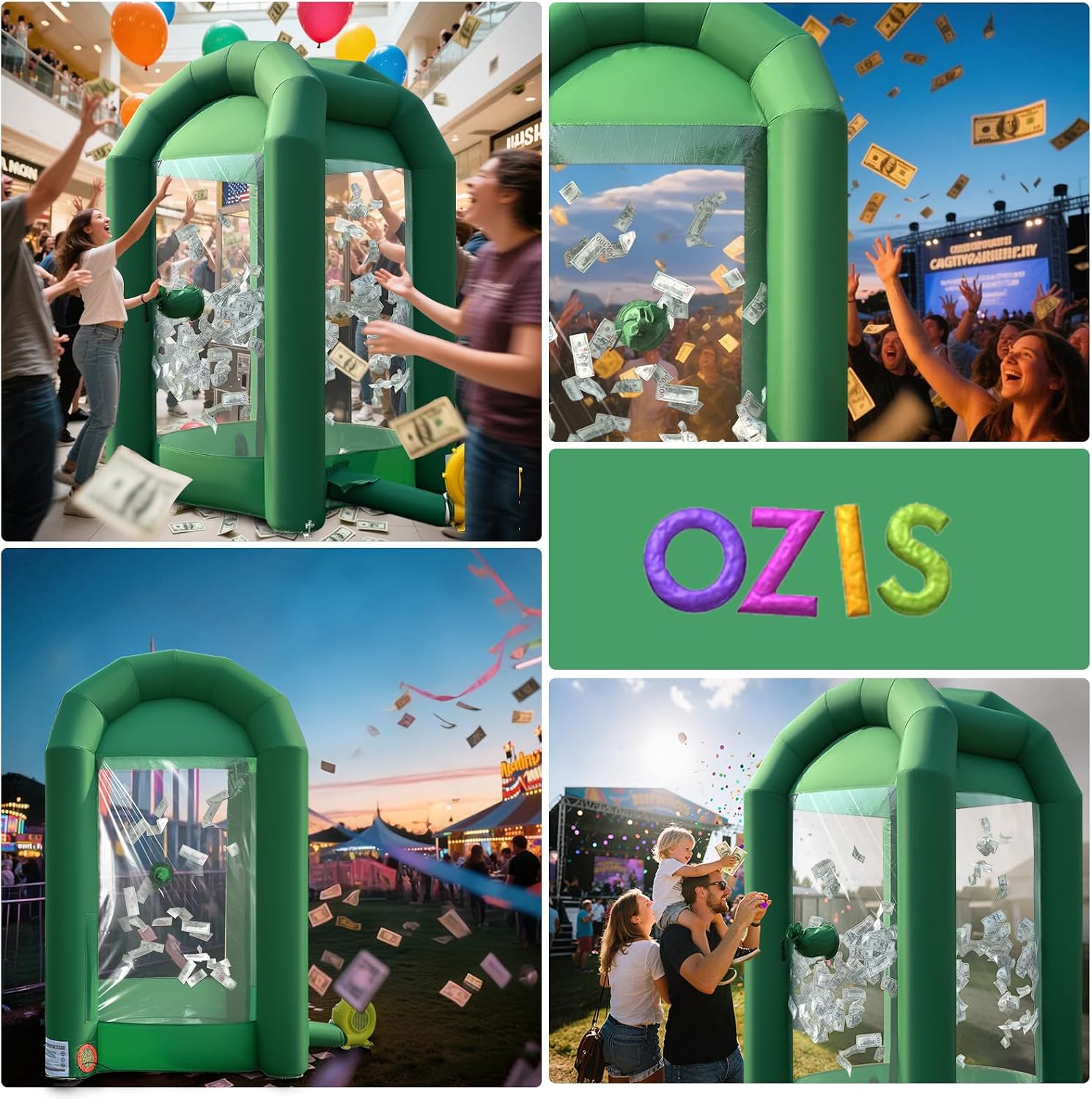 OZIS 8.2x5.2x5.2Ft Inflatable Money Machine Booth with Blower Inflatable Cash Cube Booth for Business Advertising Promotions Party(Green)