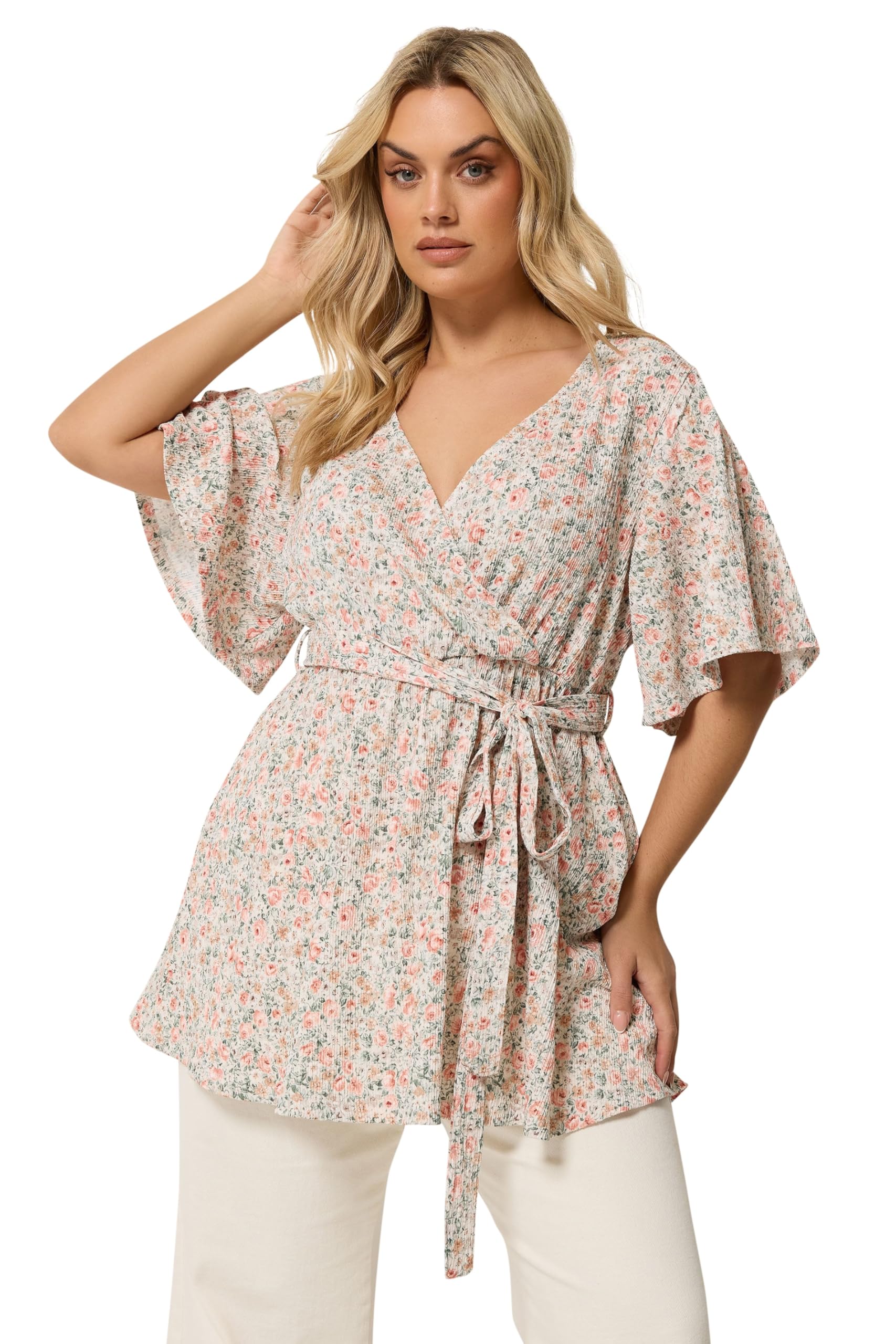 Yours Women's Floral Textured Wrap Top in Natural | Size: 18