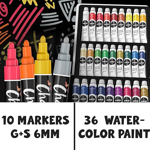 Juego de 36 pinturas de acuarela + 10 marcadores de tiza neón