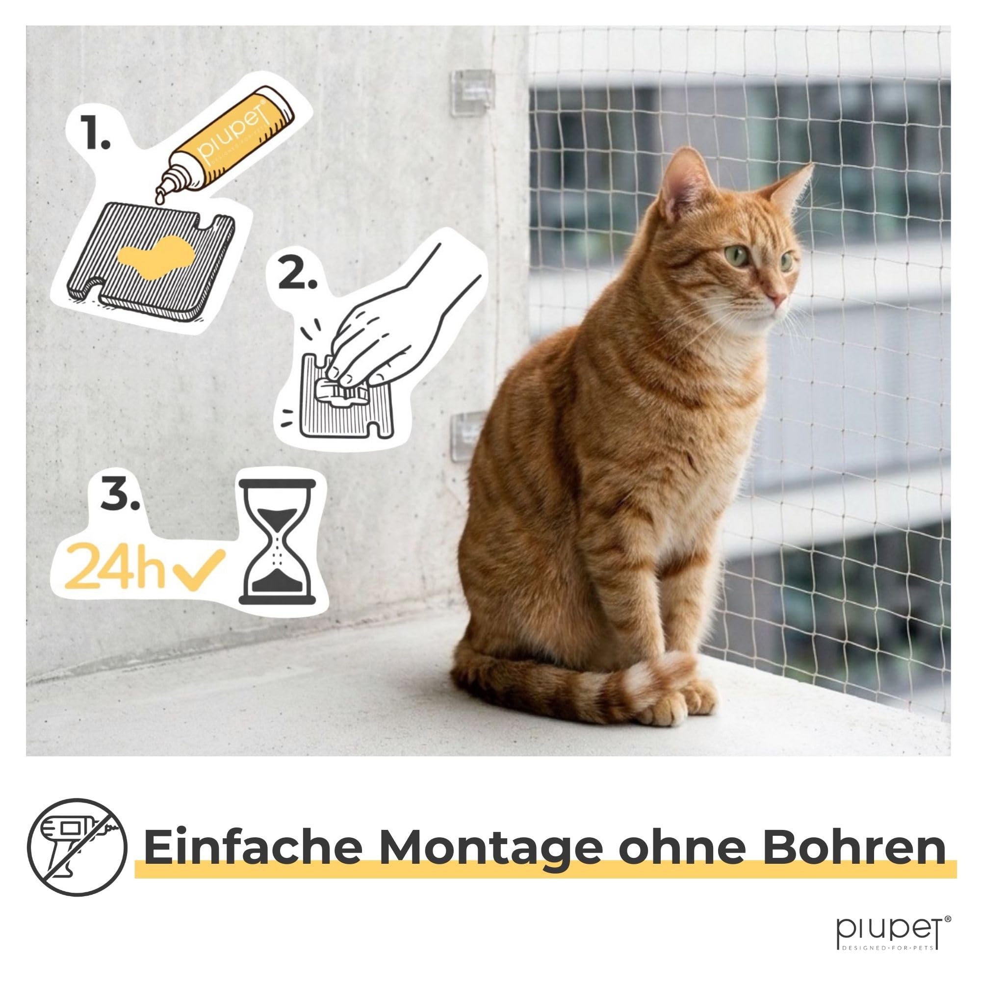 PiuPet® Klebehaken für Katzennetz ohne Bohren I Katzennetz Befestigung Balkon & Fenster ohne Bohren I transparente Haken mit Montagekleber I wetterfest (140 Haken + 2 x 80 ml Kleber)