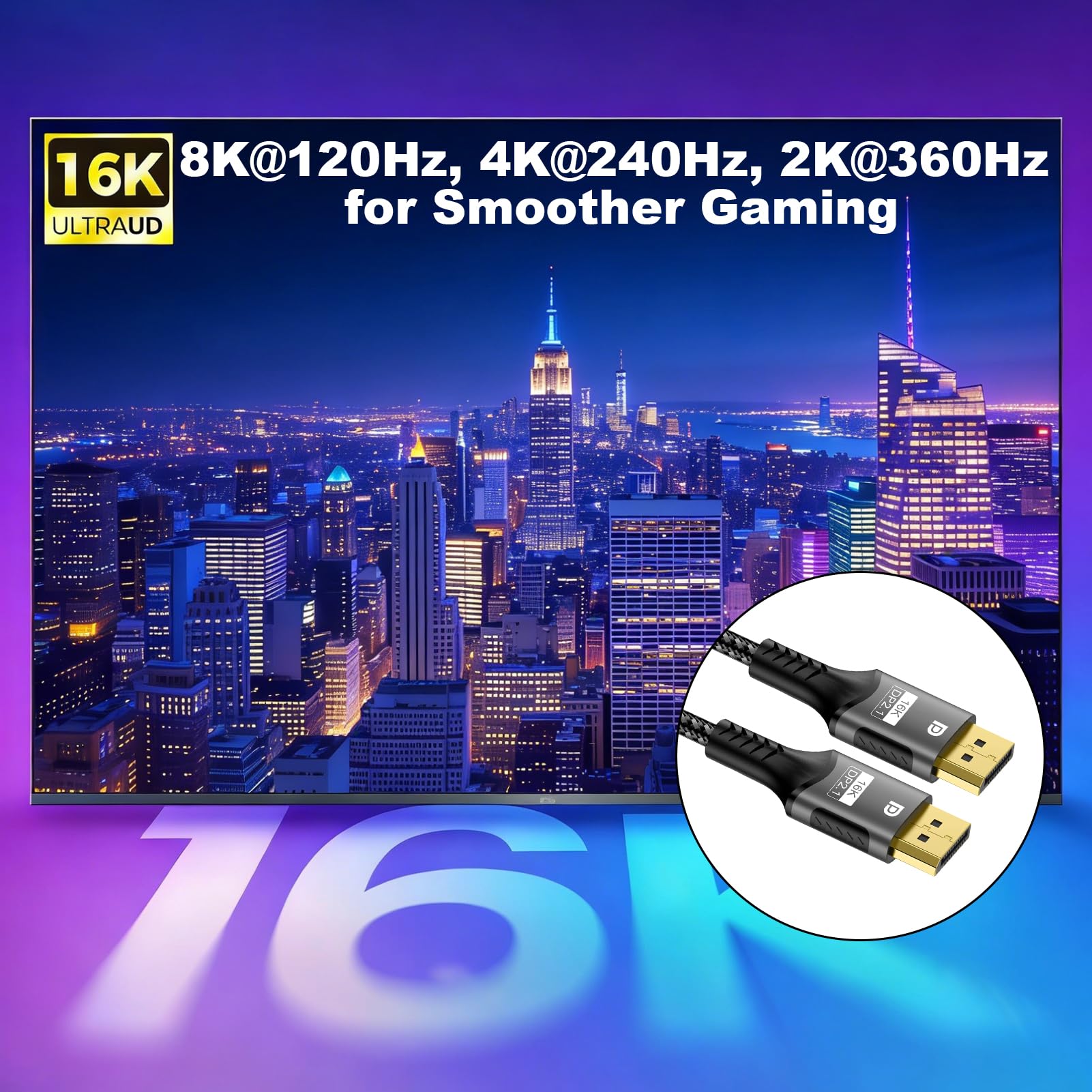 16K DP Cable DisplayPort 2.1, 54Gbps Cable DP a DP 2M con 16K@60Hz 8K@240Hz 4K@540Hz 360Hz 240Hz Display Port 2.1 Compatible con HDR10 FreeSync G-Sync para Monitor Gaming Tarjetas Gráficas PC HDTV