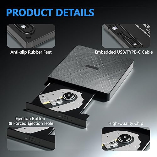 Miniatura 3 de Unidad de CD externa, USB 3.0 y tipo C Grabador de CD DVD portátil +/-RW Reproductor de DVD para portátil, unidad externa de CD/DVD para computadora