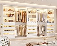 Aheaplus 12-Drawer Wood Closet Organizer System: 4 Hanging Rods, 3 Towers, L-Shaped 8.5-11.5Ft Walk-In Closet Storage - White