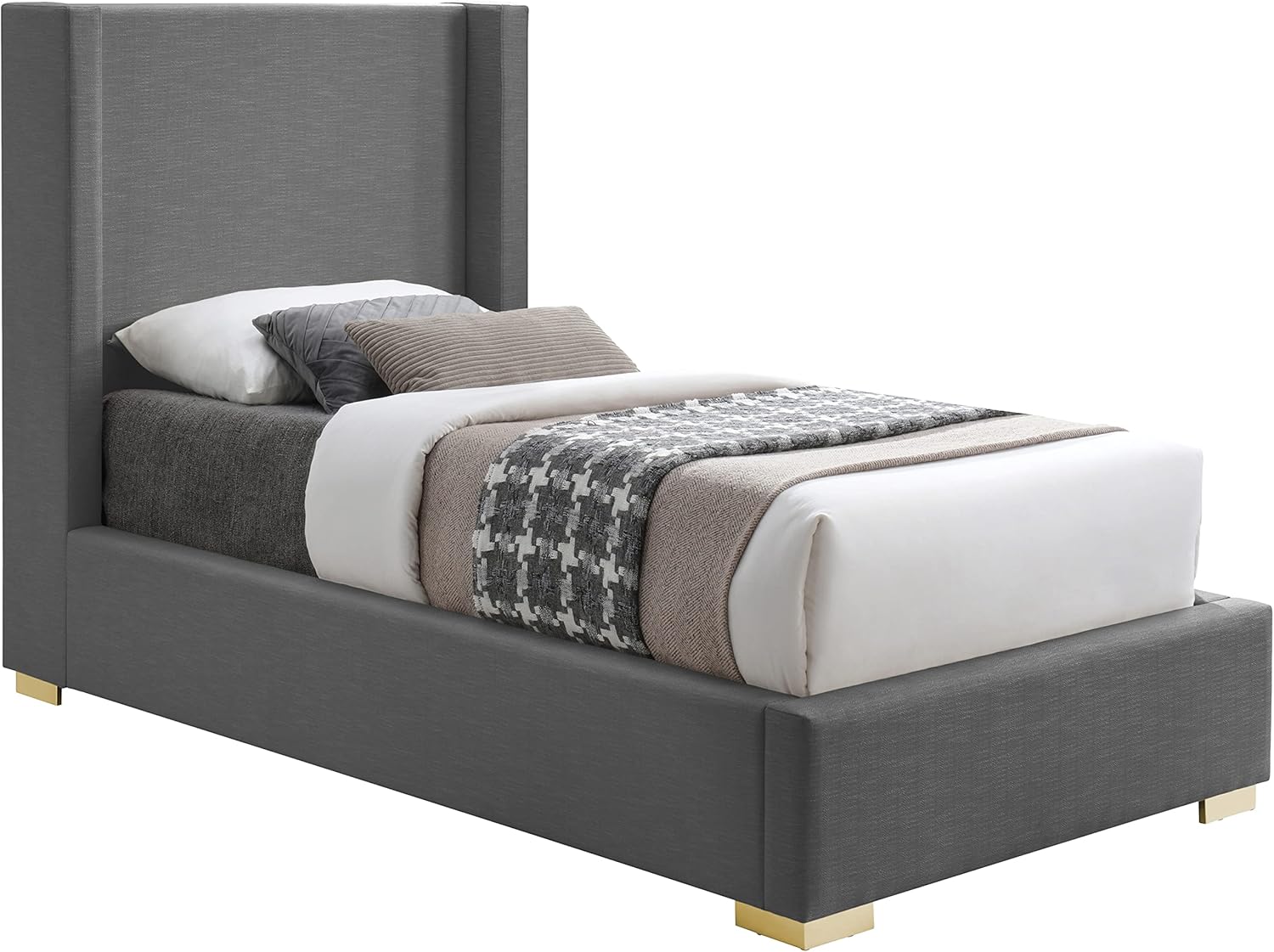 Meridian Furniture RoyceGrey-T Royce Collection Mid-Century Modern Linen Textured Fabric Upholstered Bed with Wing Back Headboard, 46" W x 84.5" D x 54.5" H, Grey, Twin