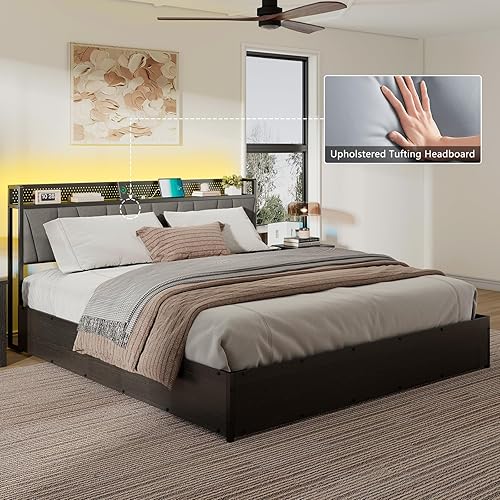 Miniatura 50 de Base de cama de almacenamiento elevable de tamaño matrimonial con luces LED, cabecera tapizada de lino con estación de carga, marco de cama de