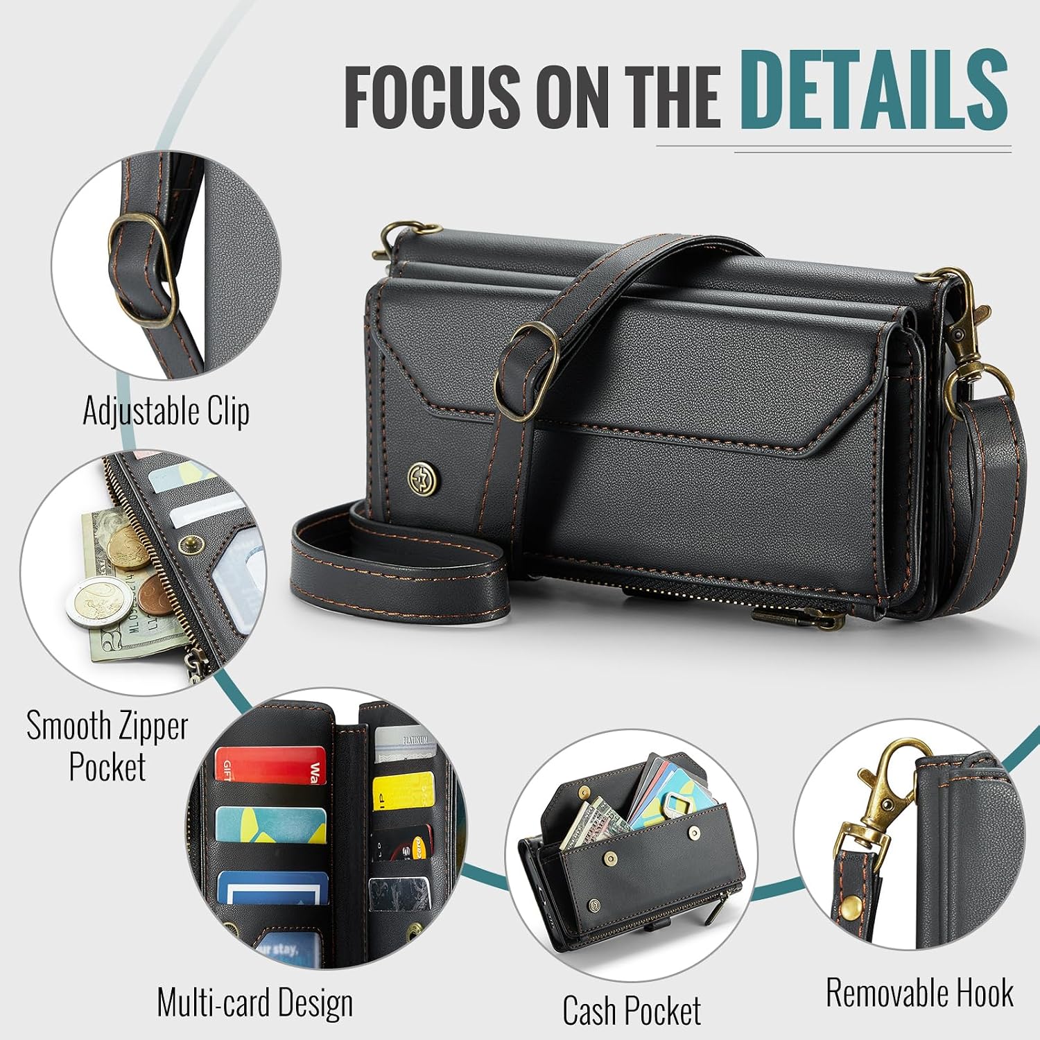 Crossbody Wallet Case for Samsung Galaxy S21 FE with Card Holder, RFID Blocking, Kickstand, Soft PU Leather, Magnetic Snaps, Zipper Pocket S21 FE Phone Case Black