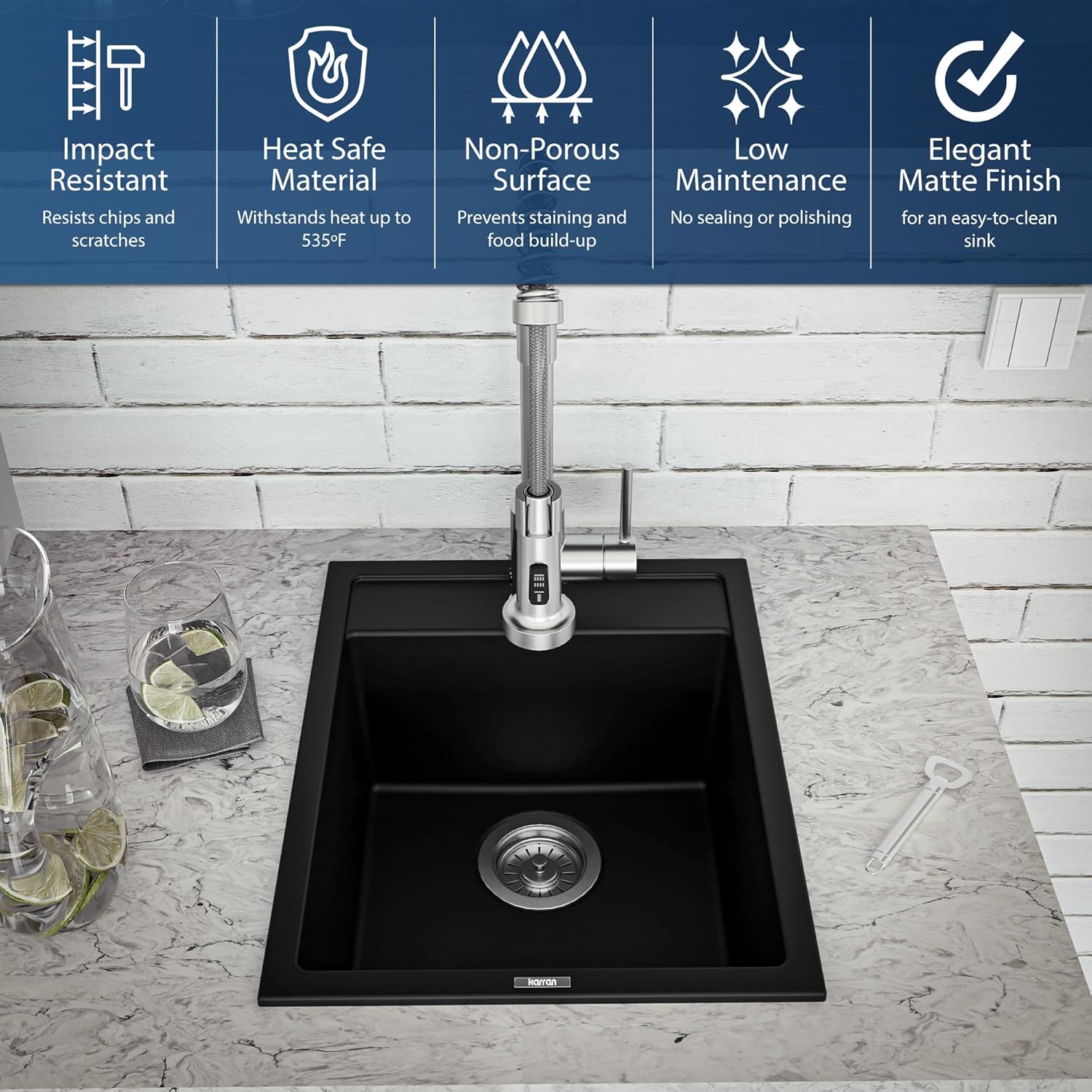 Karran QT-825 Drop-in 15-3/4" Single Bowl Quartz Composite Kitchen Sink in Black