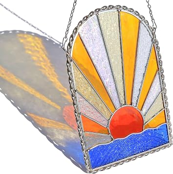 Sun and Sea Suncatcher with Iridescent Accent, Ocean Sunset Sunrise Stained Glass Window Hanging, Sunburst Sun Catchers, Coastal Beach Decor, Birthday Gifts for Men & Women