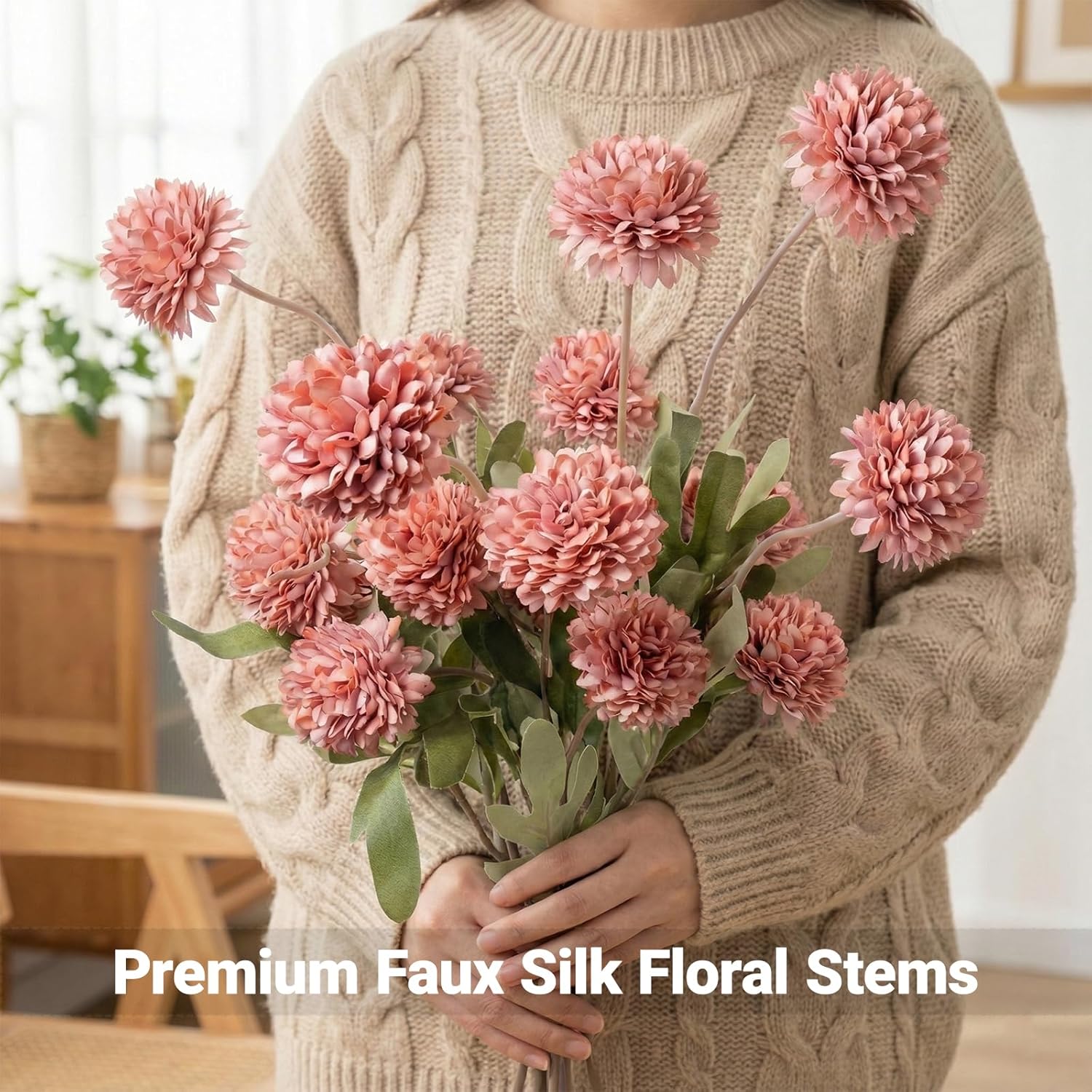 6pcs Artificial Flowers Faux Silk Pompon Mum Realistic Fake Mum Flowers with Full Petals, Premium Fabric Floral Stems for Vase, Table Centerpiece, Home and Wedding Decor