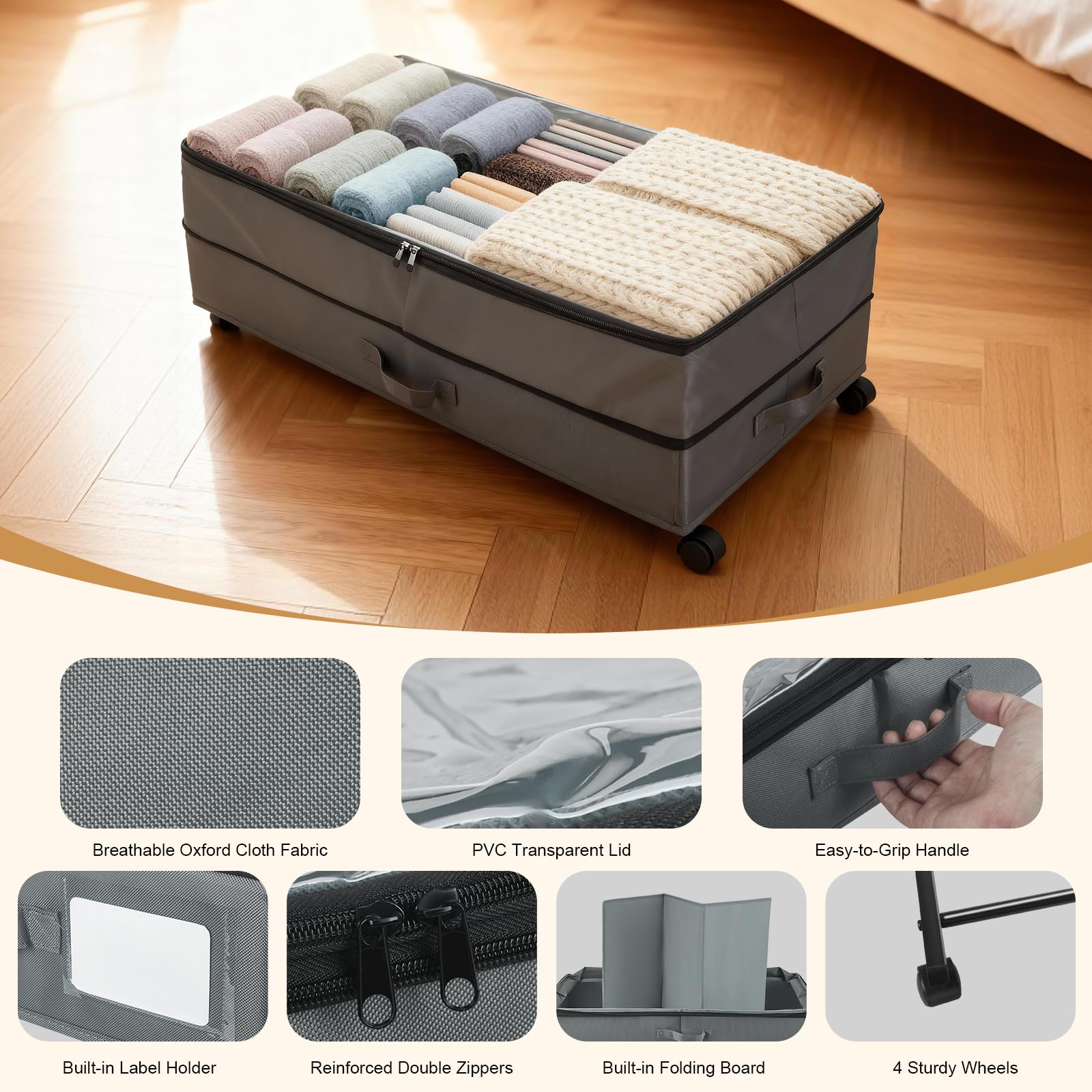 Cassettiera sotto il letto regolabile con ruote, 63 – 90 l, XXL, con 3 maniglie, contenitore con coperchio, in tessuto per vestiti, scarpe, biancheria da letto