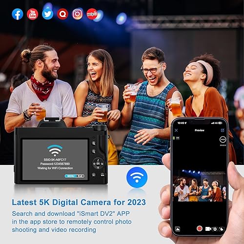 Miniatura 3 de Cámara digital 5K, cámara WiFi para vlogging con tarjeta SD de 32G, cámara compacta de enfoque automático de 48 MP, cámara de viaje de