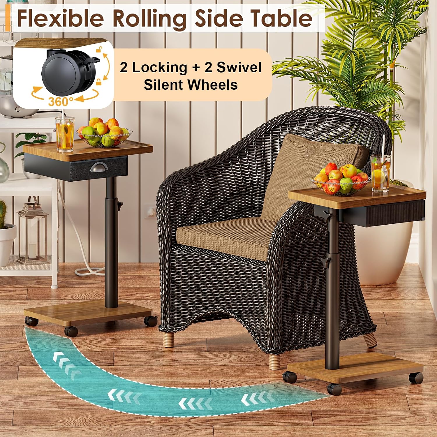 Cutogxon TV Tray Table with Wheels & Drawer,Adjustable Height C Shaped End Table for Eating,End Table with Swivel Top for Small Spaces, Sofa Side Table for Bedroom & Living Room（Walnut Brown）