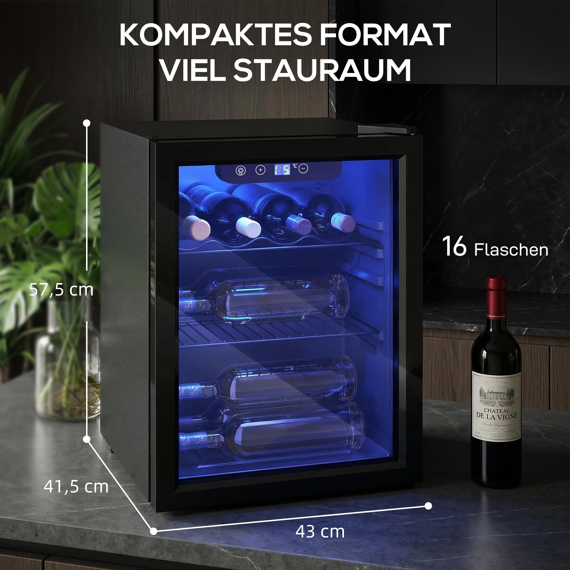 HOMCOM Nevera para vino (16 botellas, 48 L), color negro | Frigorífico para bebidas, 4-16 °C, puerta de doble cristal, iluminación LED, pantalla LED, Wine Fridge