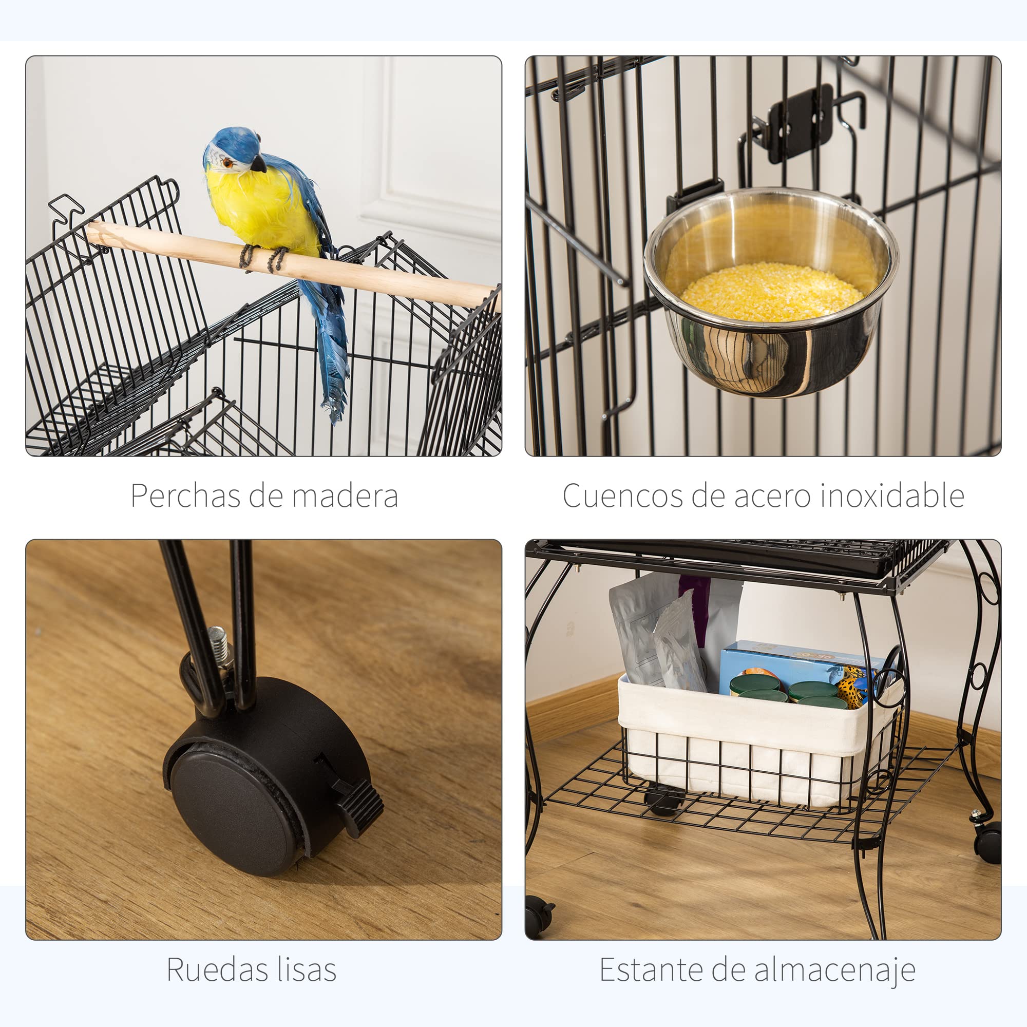 PawHut Jaula para Pájaros con 3 Puertas 2 Comederos 50x58x145 cm Negro | Pajarera Metálica, 3 Perchas, Bandeja Extraíble, Estante Abierto, 4 Ruedas, para Canarios Periquitos
