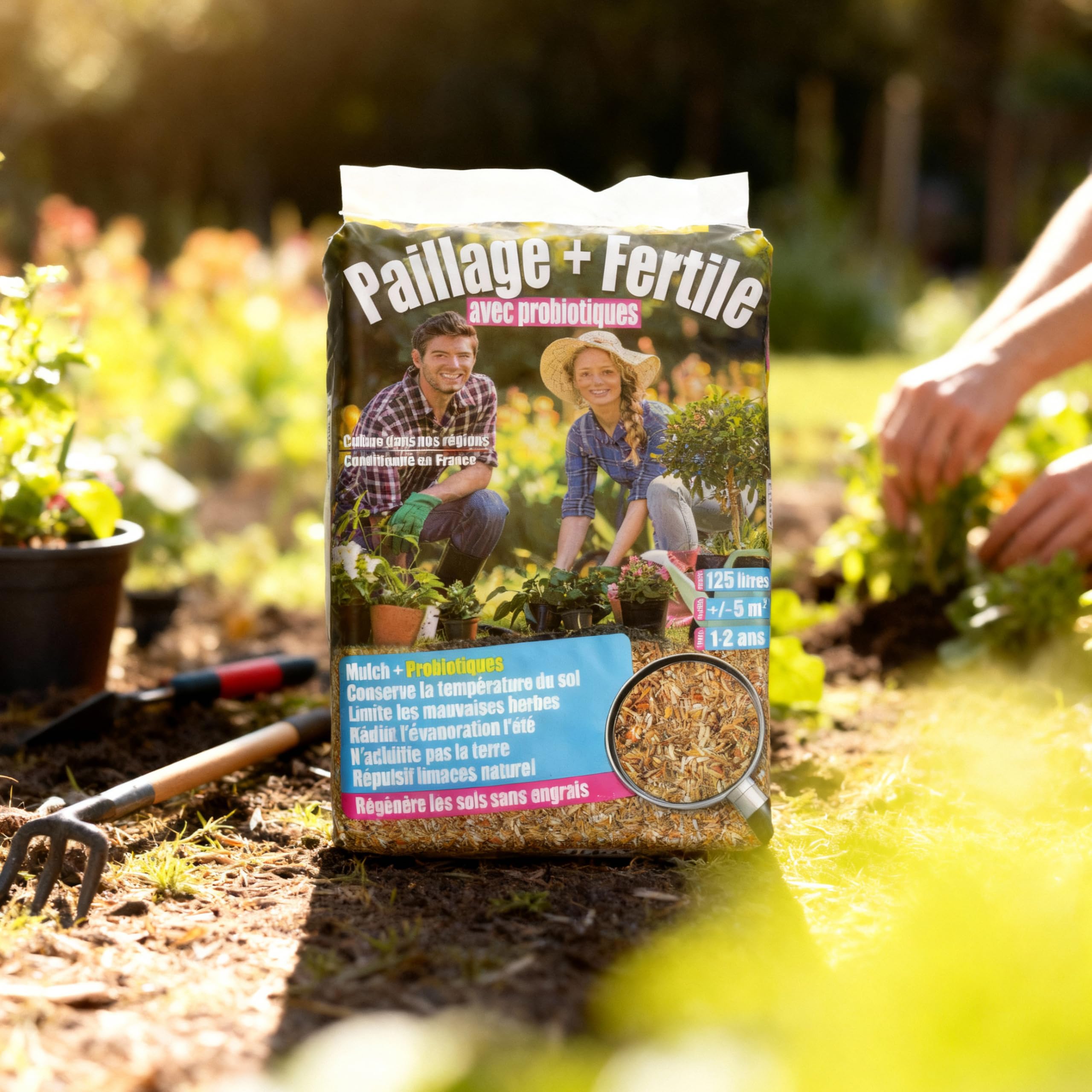 Générique Paillage + Fertile® – Pailles de roseaux défibrées enrichies en probiotiques 125L – Paillis Naturel Anti-limaces, stimule la Vie du Sol, protège Les Racines (Sac unitaire)