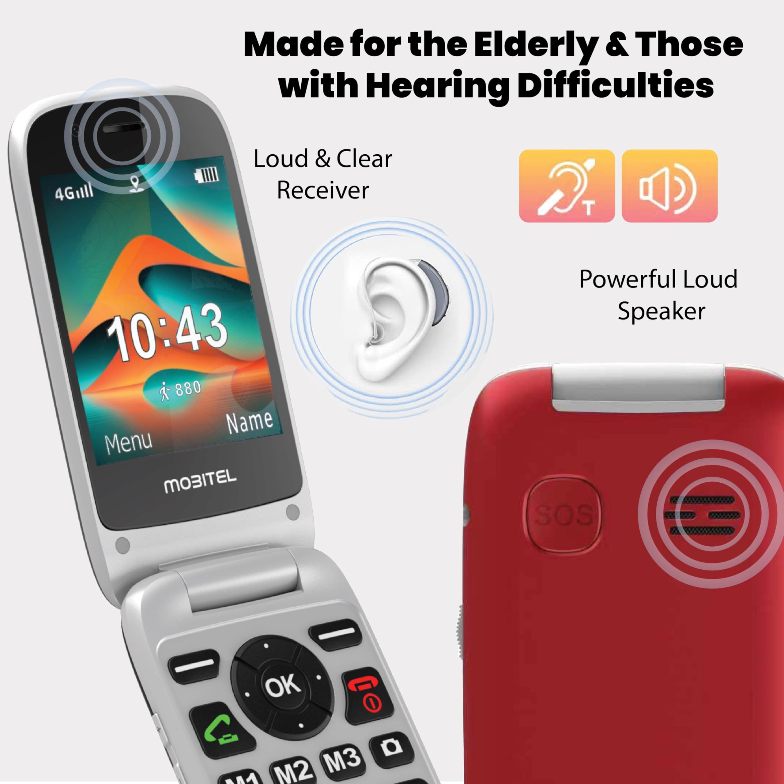 Mobitel 8010 - Teléfono móvil para personas mayores con botón grande para ancianos, 4G, SIM, desbloqueado, botón de emergencia SOS, 1400 mAh, larga espera, altavoz fuerte fácil de usar, base de carga