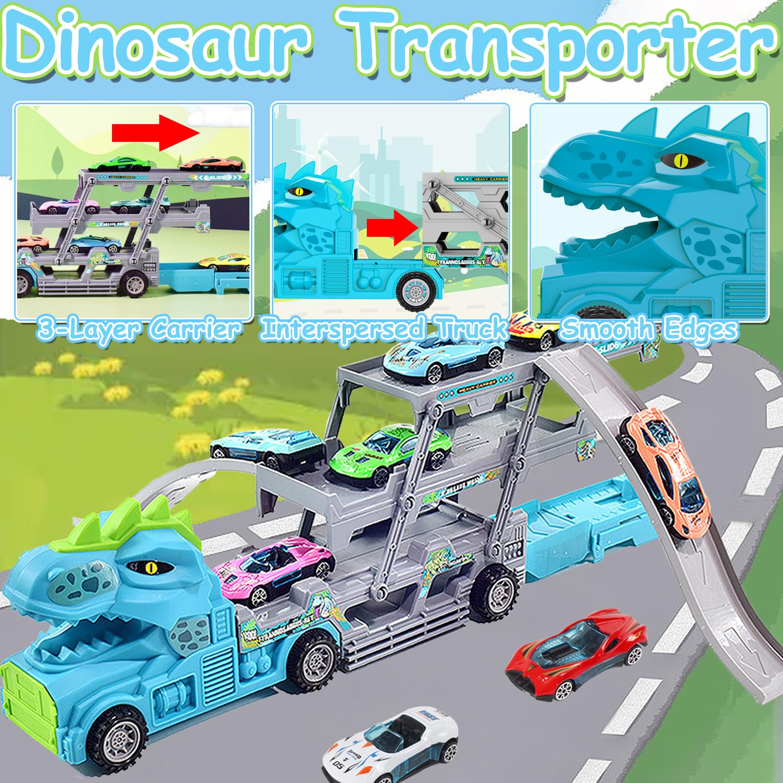 TEUVO Dinosauri Camion Giocattolo per Bambini 3 4 5 6 7 Anni, Dino Camion Pista Garage Macchinine con 12 Auto Cars Macchine & 18 Segnali Stradali, 2 Pista, Dinosauro Regalo Compleanno Natale Maschio