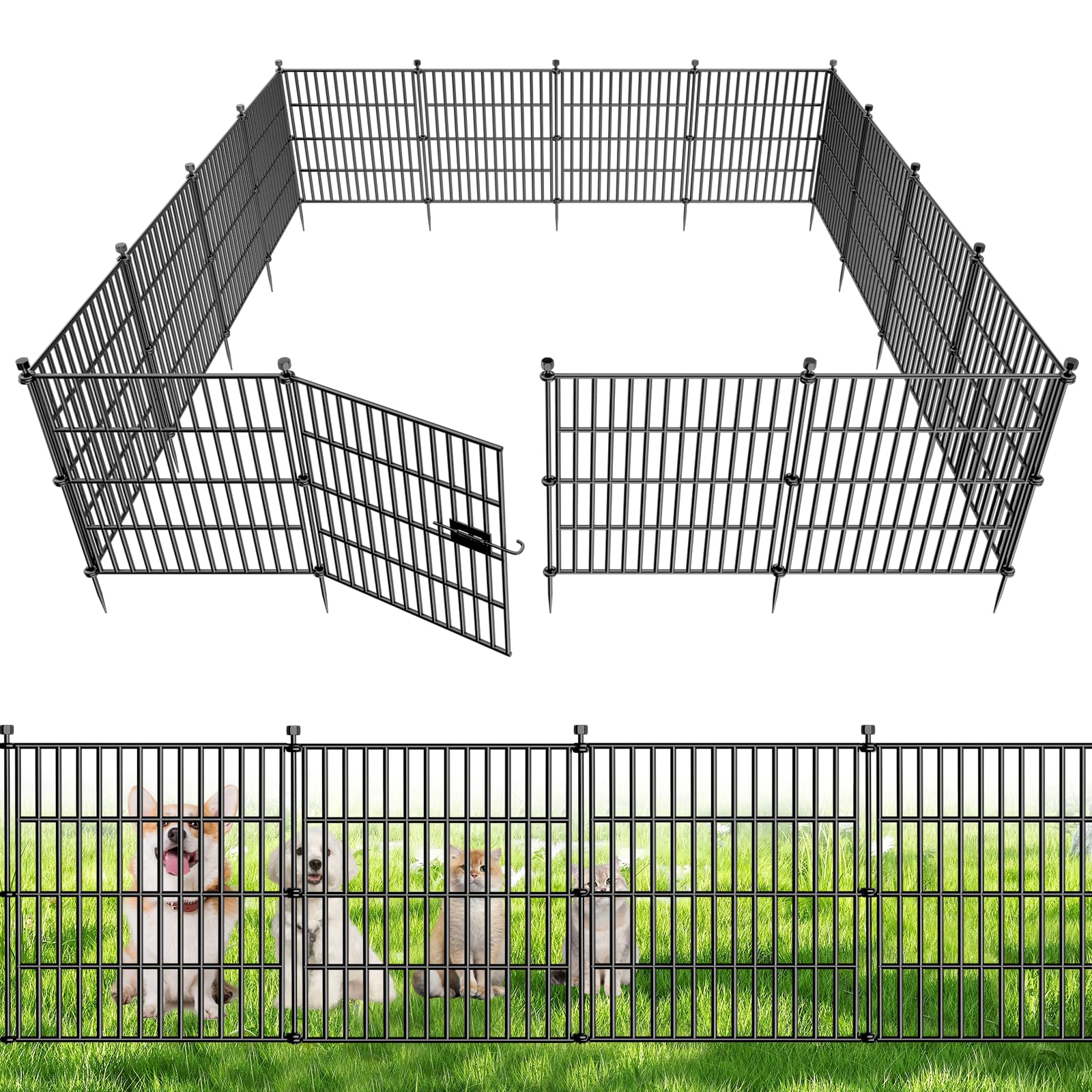 Photo 1 of 10 Panels No Dig Decorative Outdoor Garden Fence with Gate for Yard, 24 in(H) X 20 ft(L) Animal Barrier Fencing Rustproof Metal Wire Panel Border for Dog, Rabbits, and Patio Temporary Ground Stakes