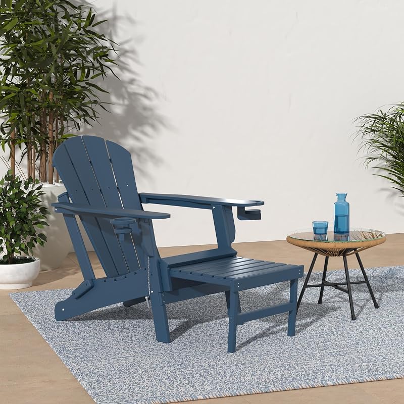 GREENVINES Folding Adirondack-Chairs-with-Ottoman Set of 2, HDPE, Blue image 2